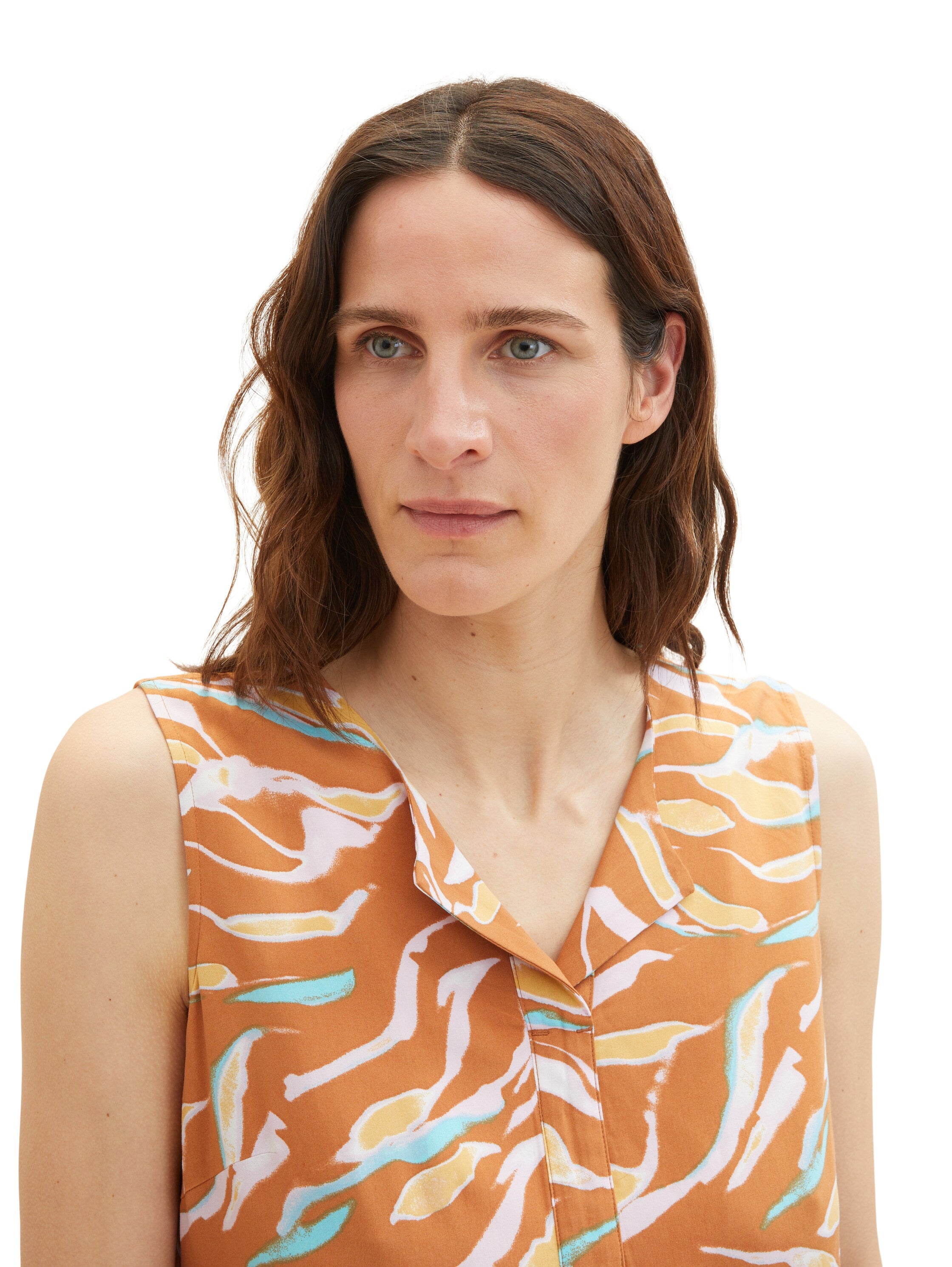 Tom Tailor Denim ärmelloses Blusentop für Damen mit V-Ausschnitt und Blättermuster