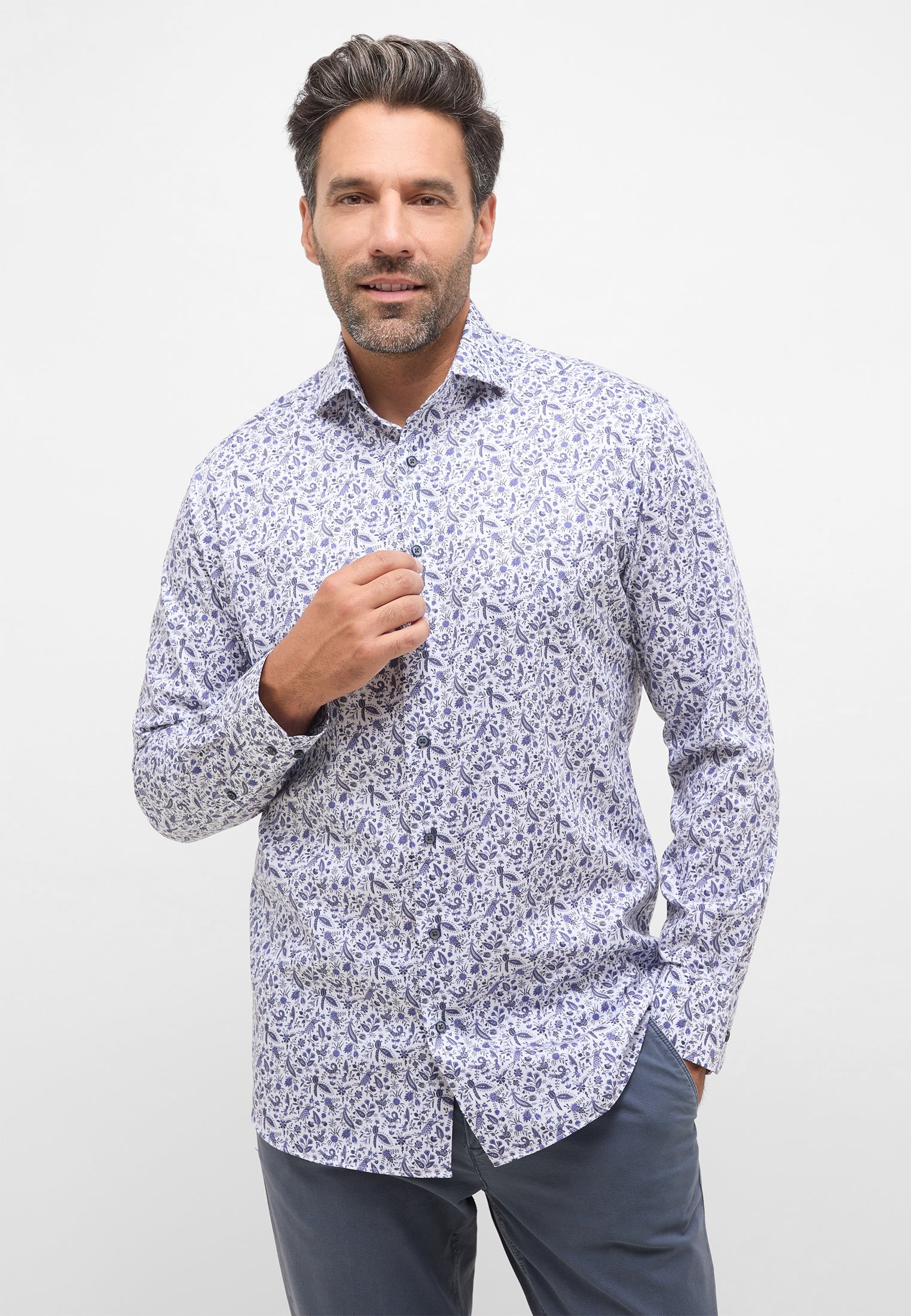 Eterna Langarmhemd Modern Fit Herren Alloverprint Hai-Kragen