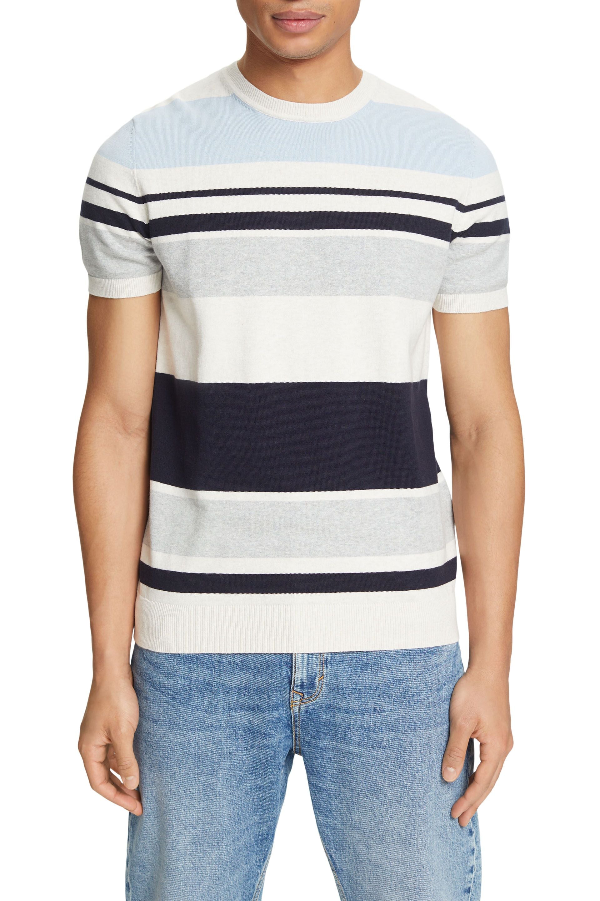 Esprit Herren T-Shirt Regular Fit Gestreift Kurzarm Baumwollmix