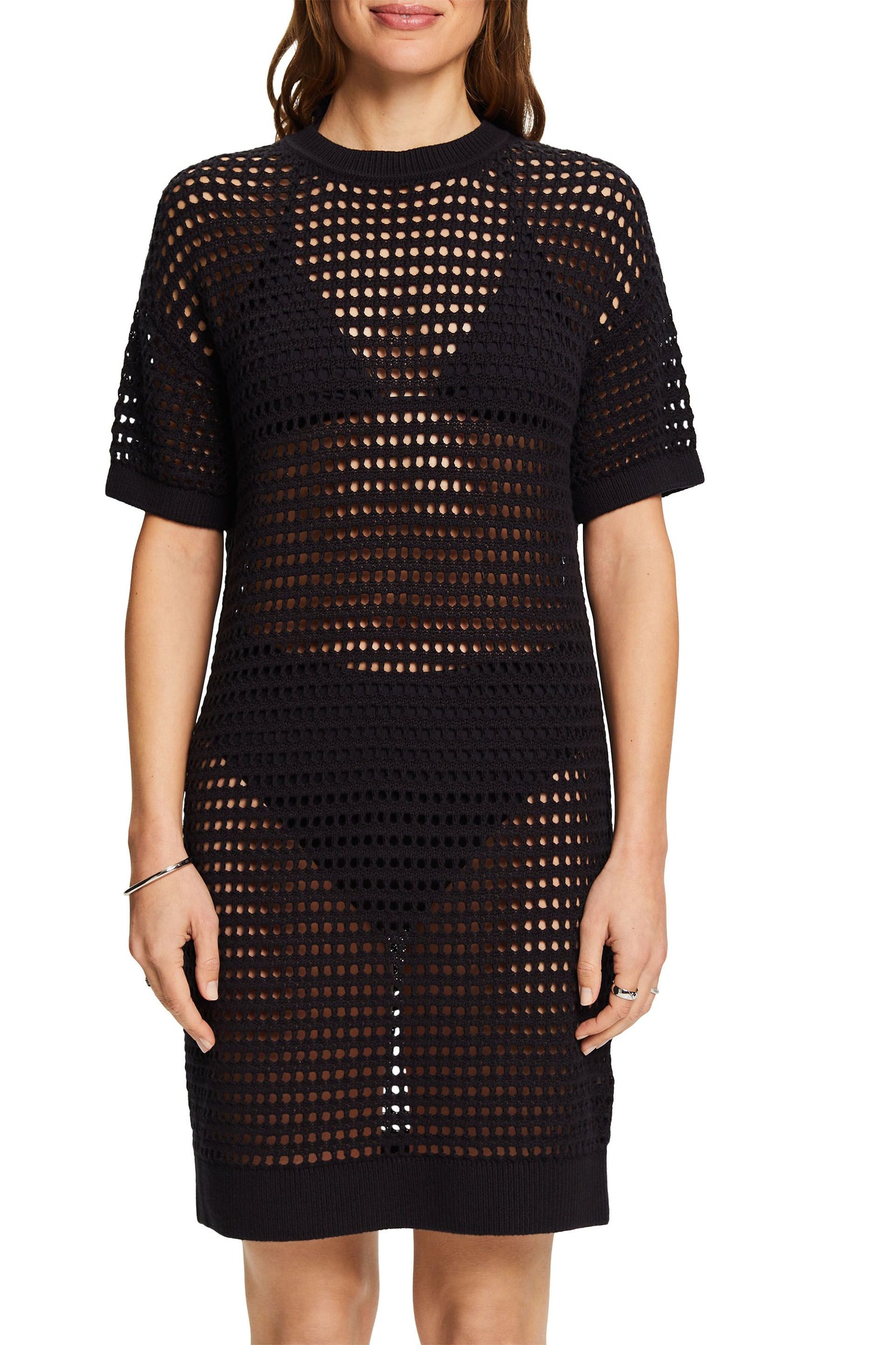 Esprit Baumwollstrickshirt Damen Offenmaschig Kurzarm Rundhals