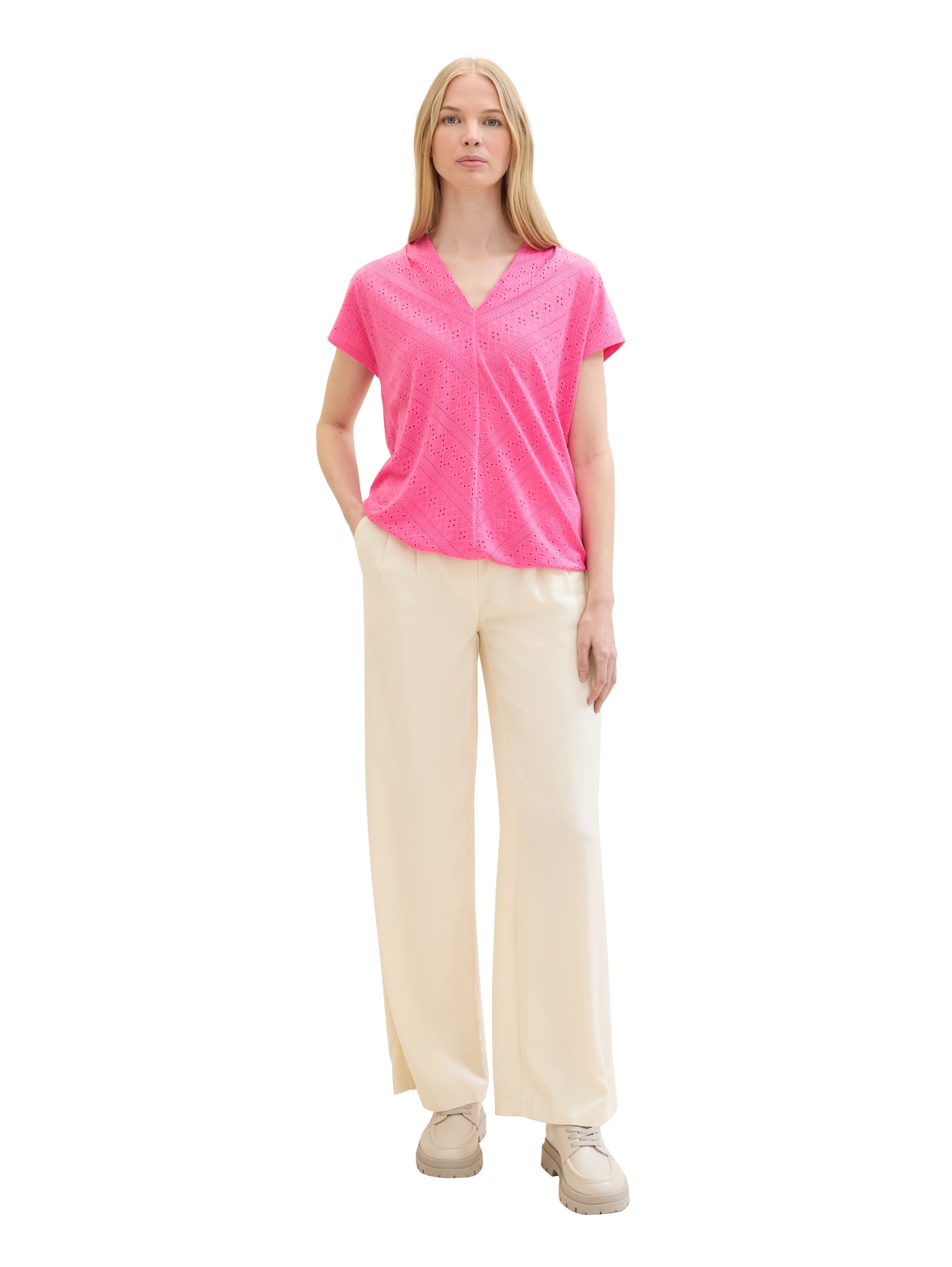 Tom Tailor Denim Lochmuster V-Ausschnitt T-Shirt für Damen