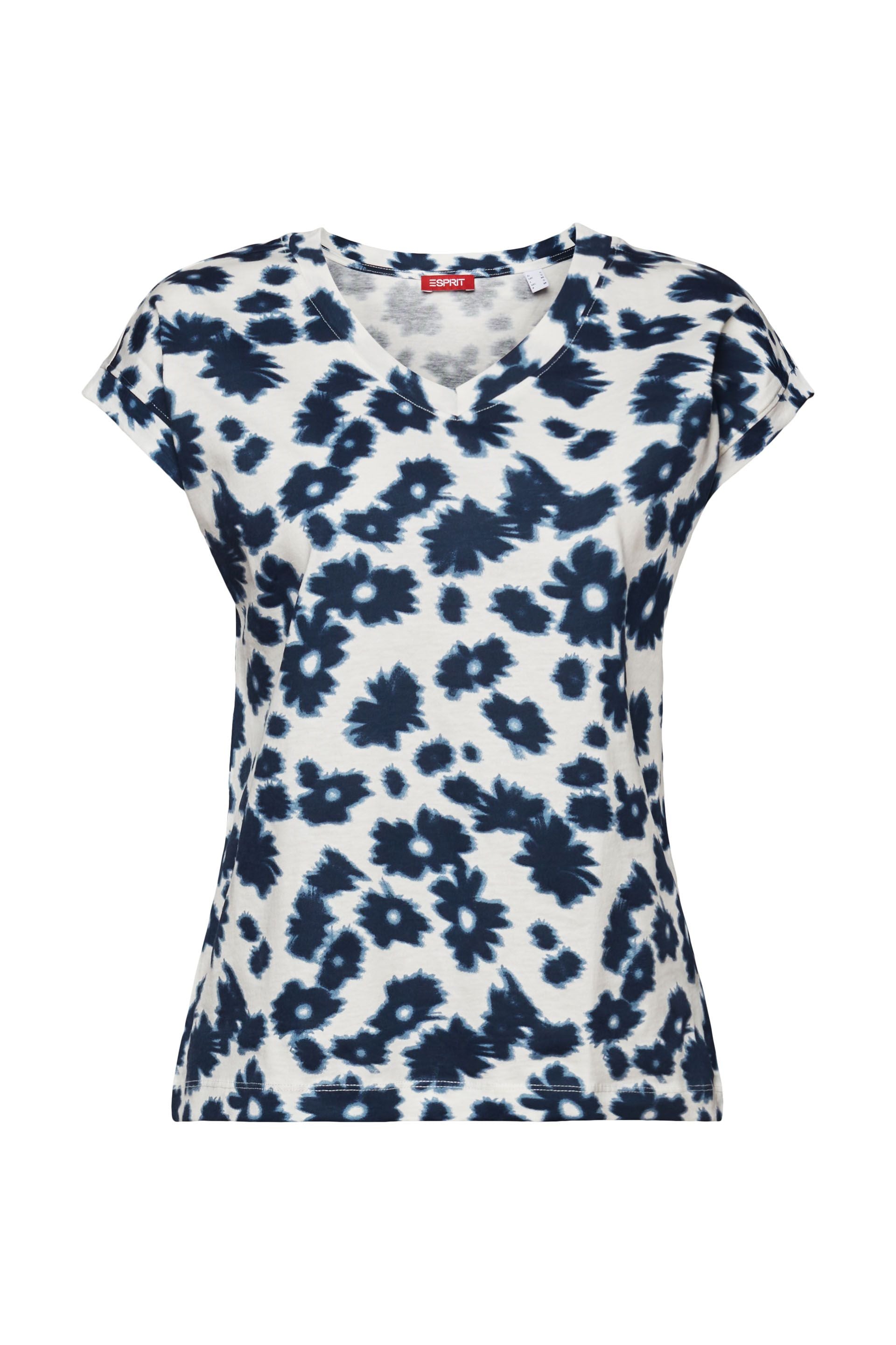 ESPRIT Damen T-Shirt V-Ausschnitt Allover-Print 100% Baumwolle