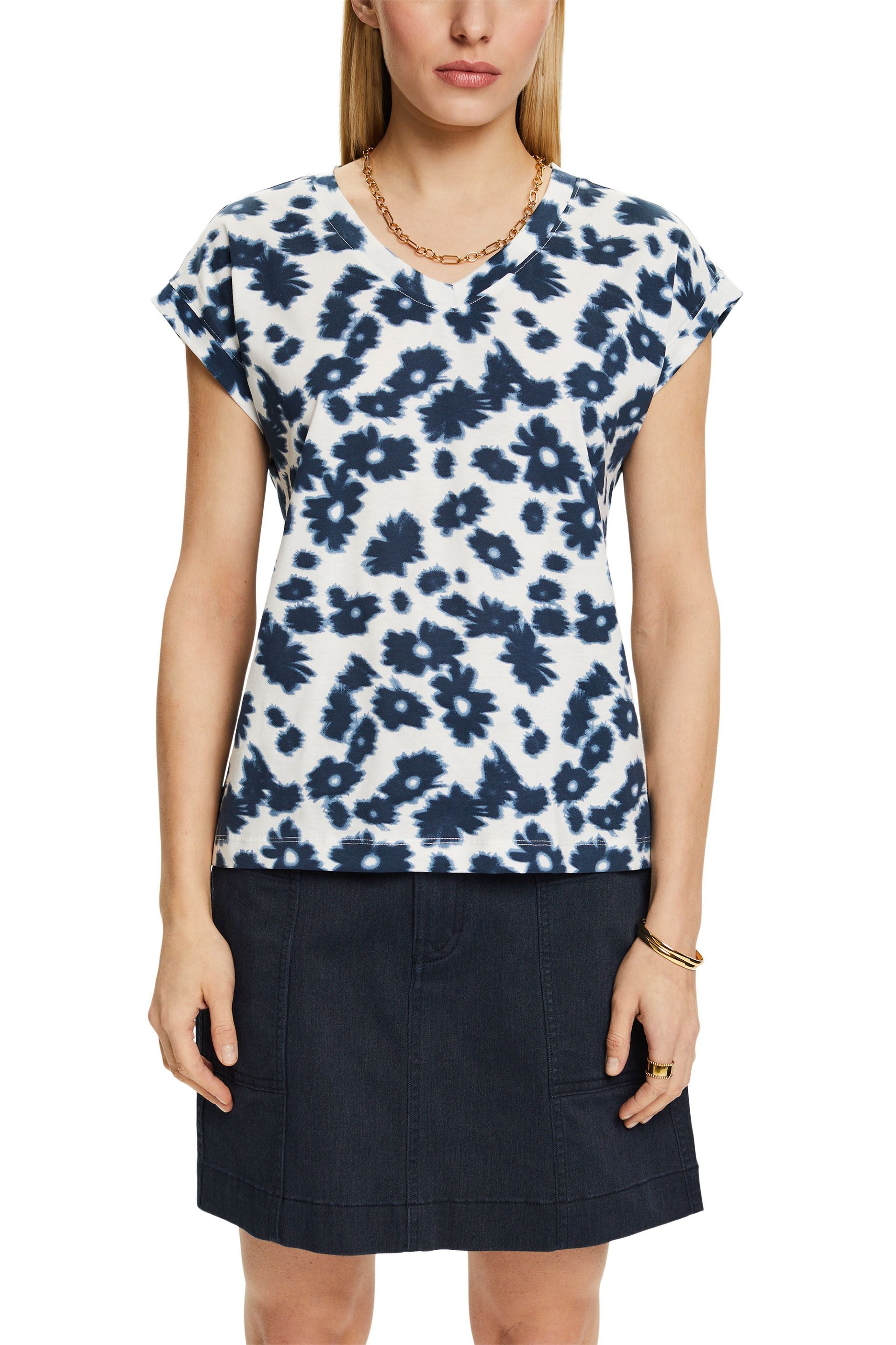 ESPRIT Damen T-Shirt V-Ausschnitt Allover-Print 100% Baumwolle