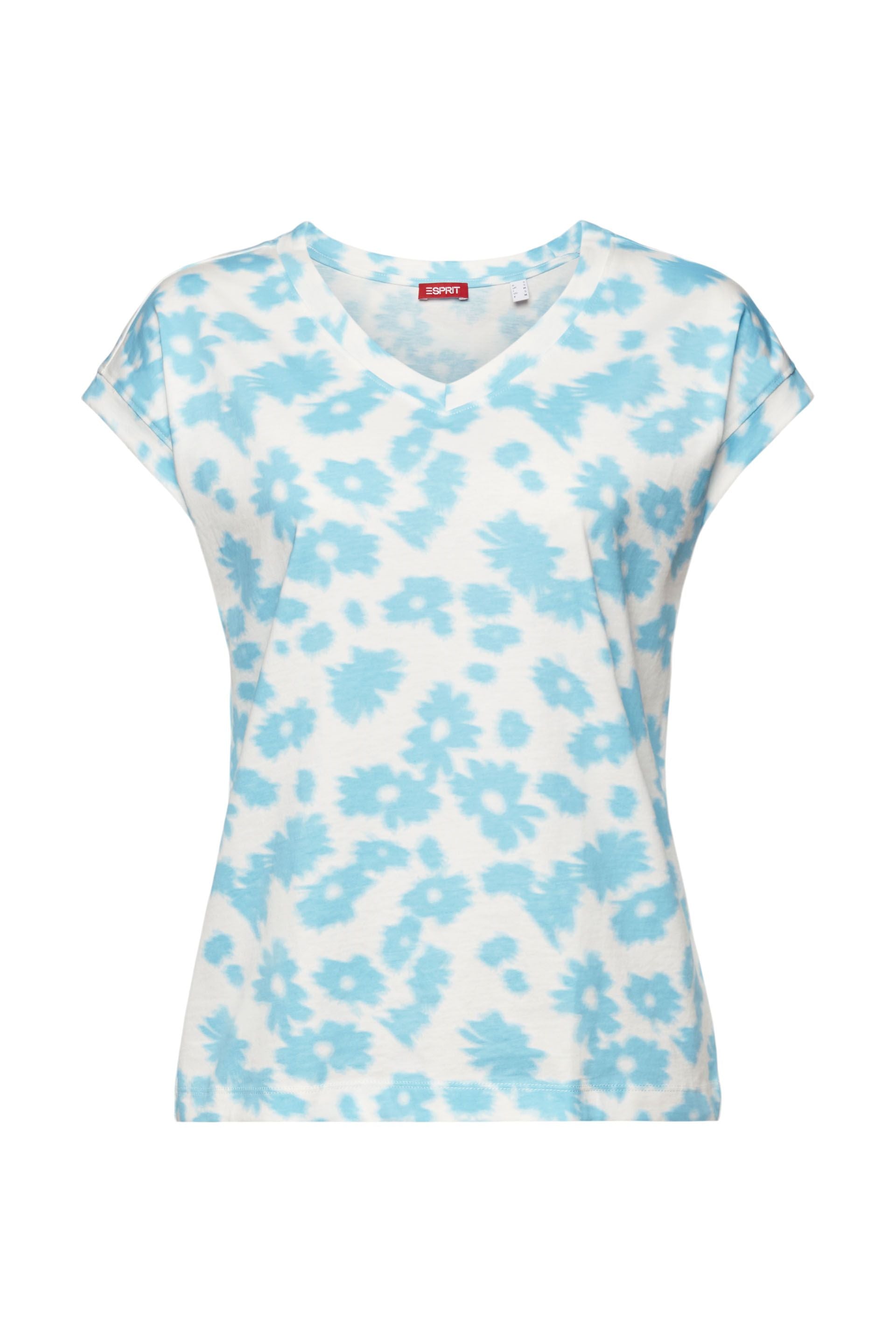 ESPRIT Damen T-Shirt V-Ausschnitt Allover-Print 100% Baumwolle