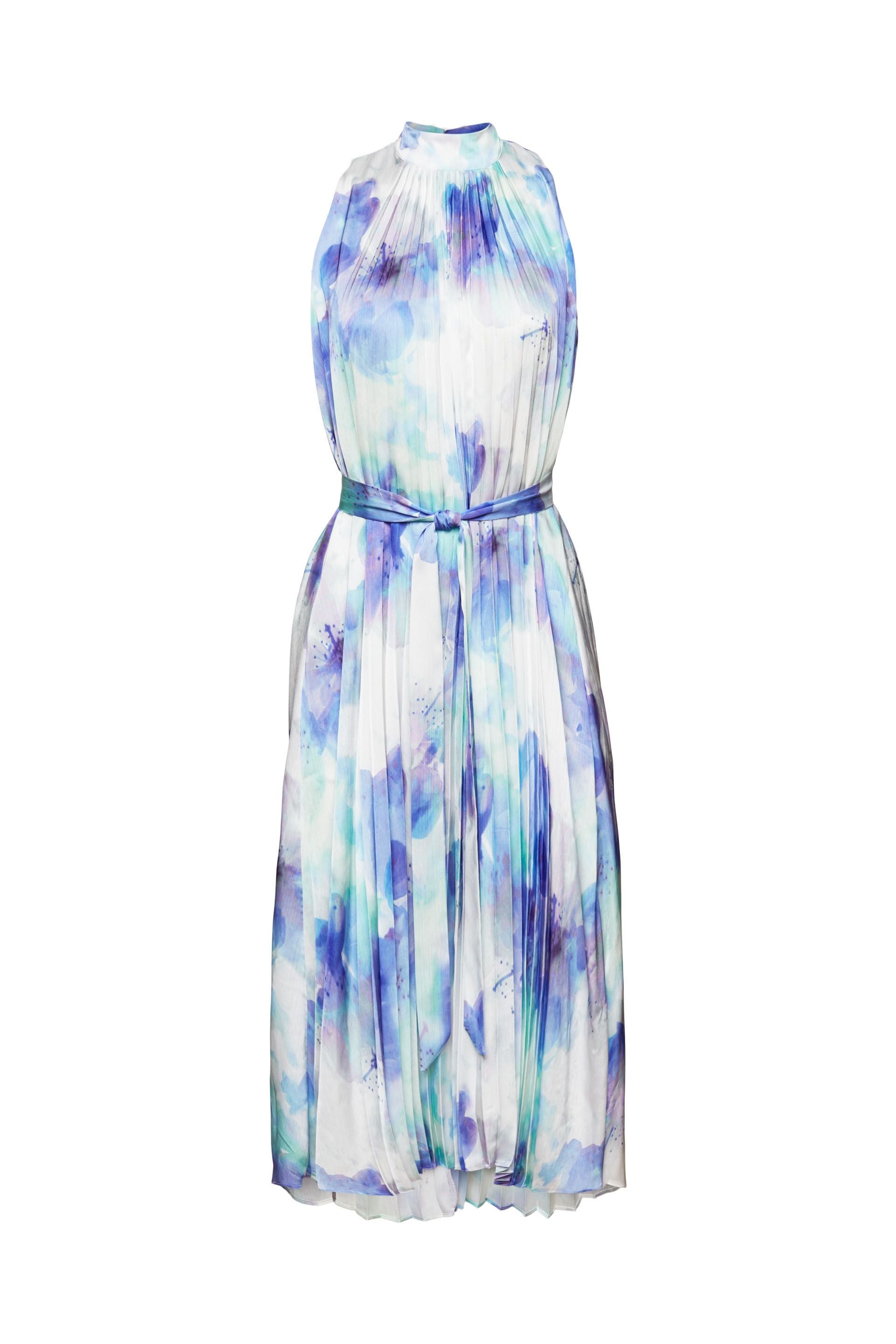 ESPRIT NEW Damen Plissee-Kleid mit Allover-Print und Bindegürtel