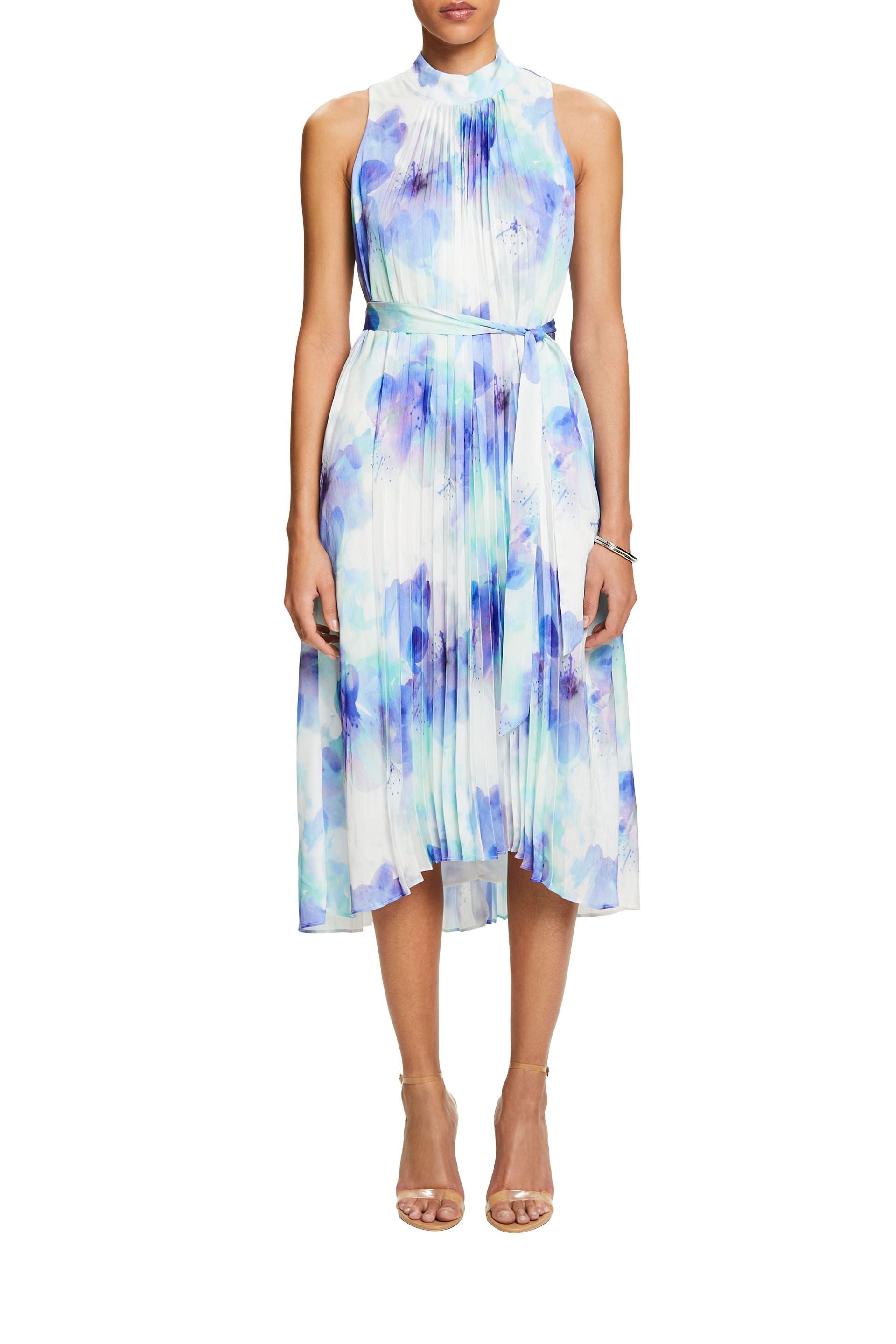 ESPRIT NEW Damen Plissee-Kleid mit Allover-Print und Bindegürtel