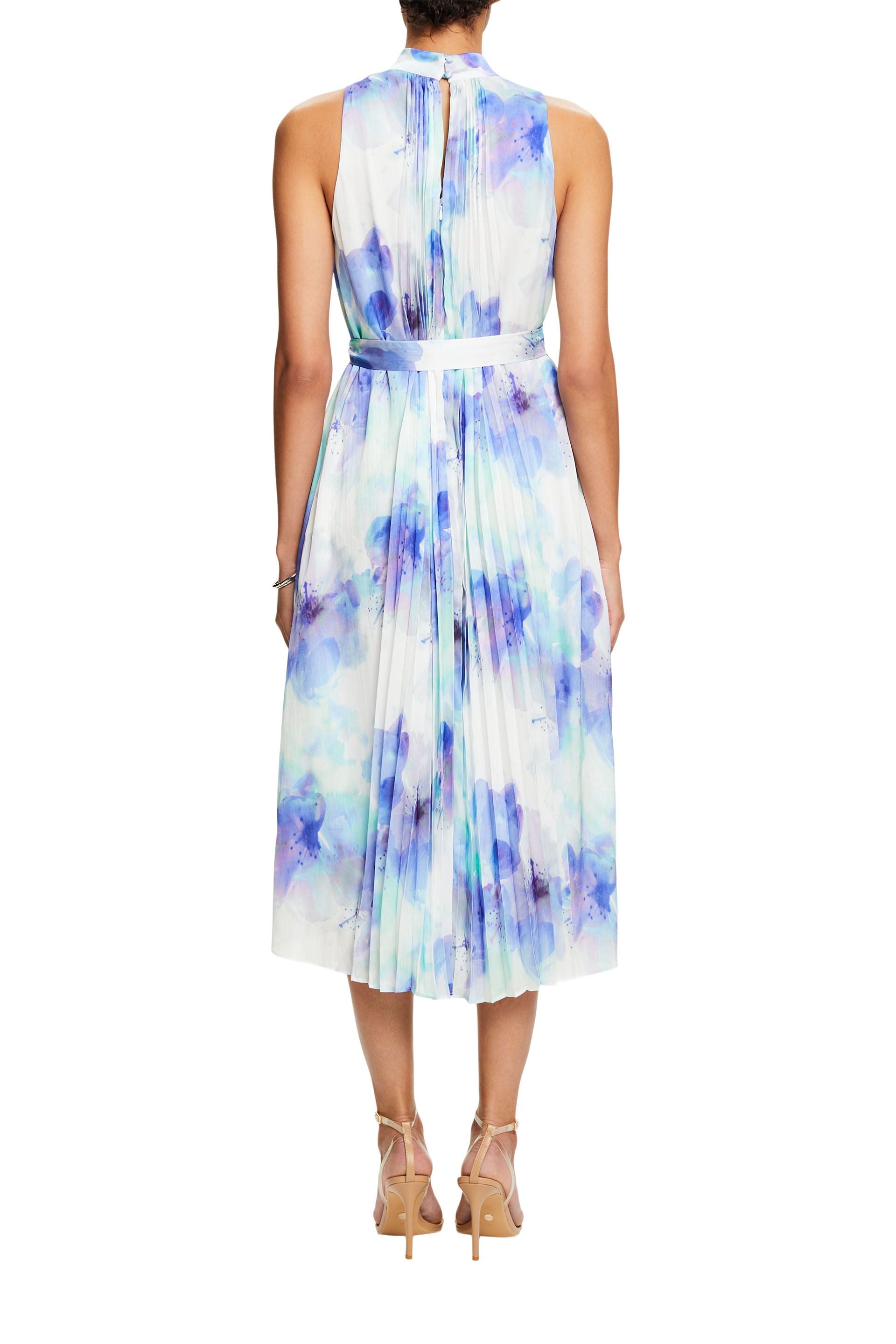 ESPRIT NEW Damen Plissee-Kleid mit Allover-Print und Bindegürtel