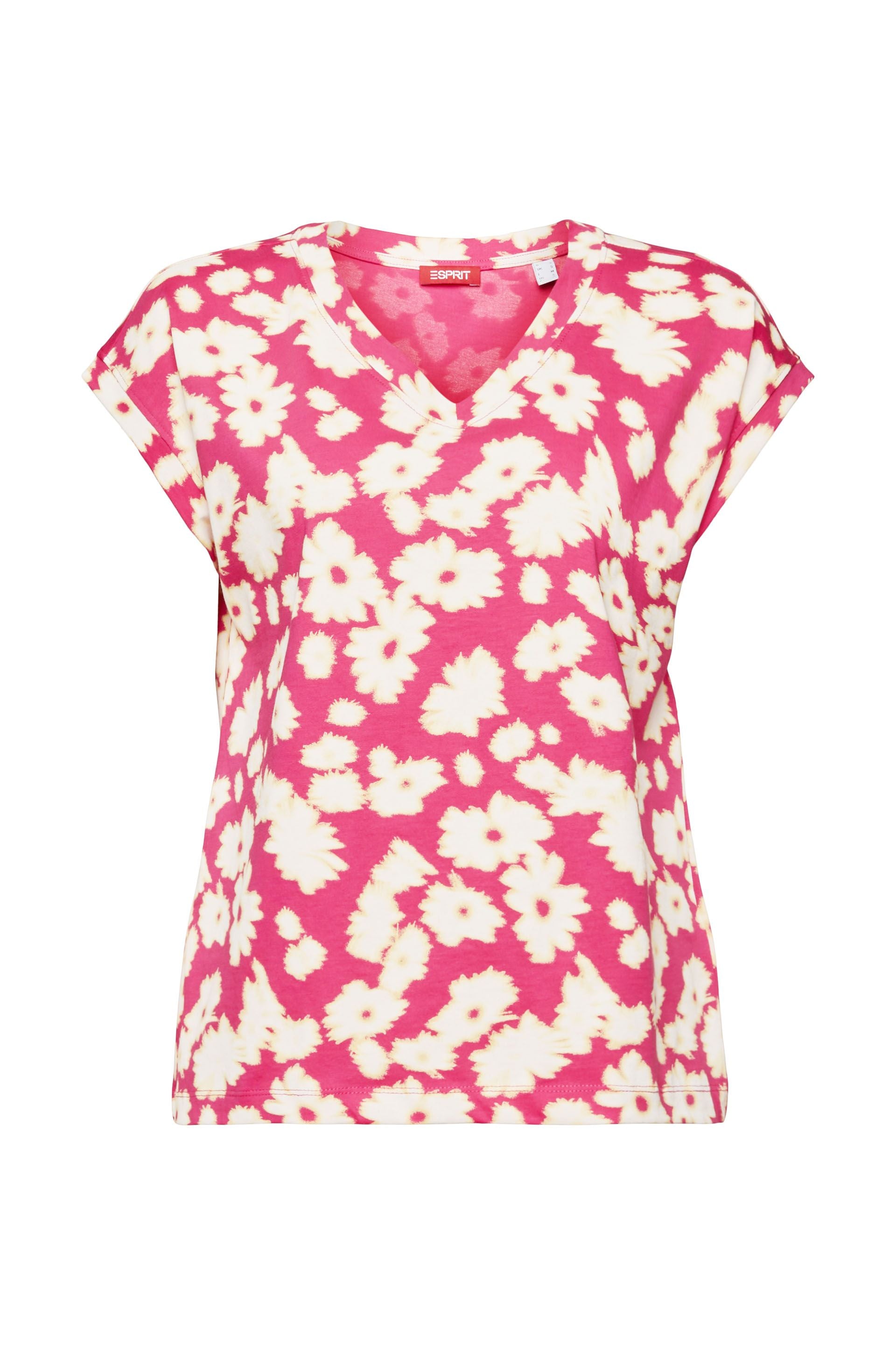 ESPRIT Damen T-Shirt V-Ausschnitt Allover-Print 100% Baumwolle