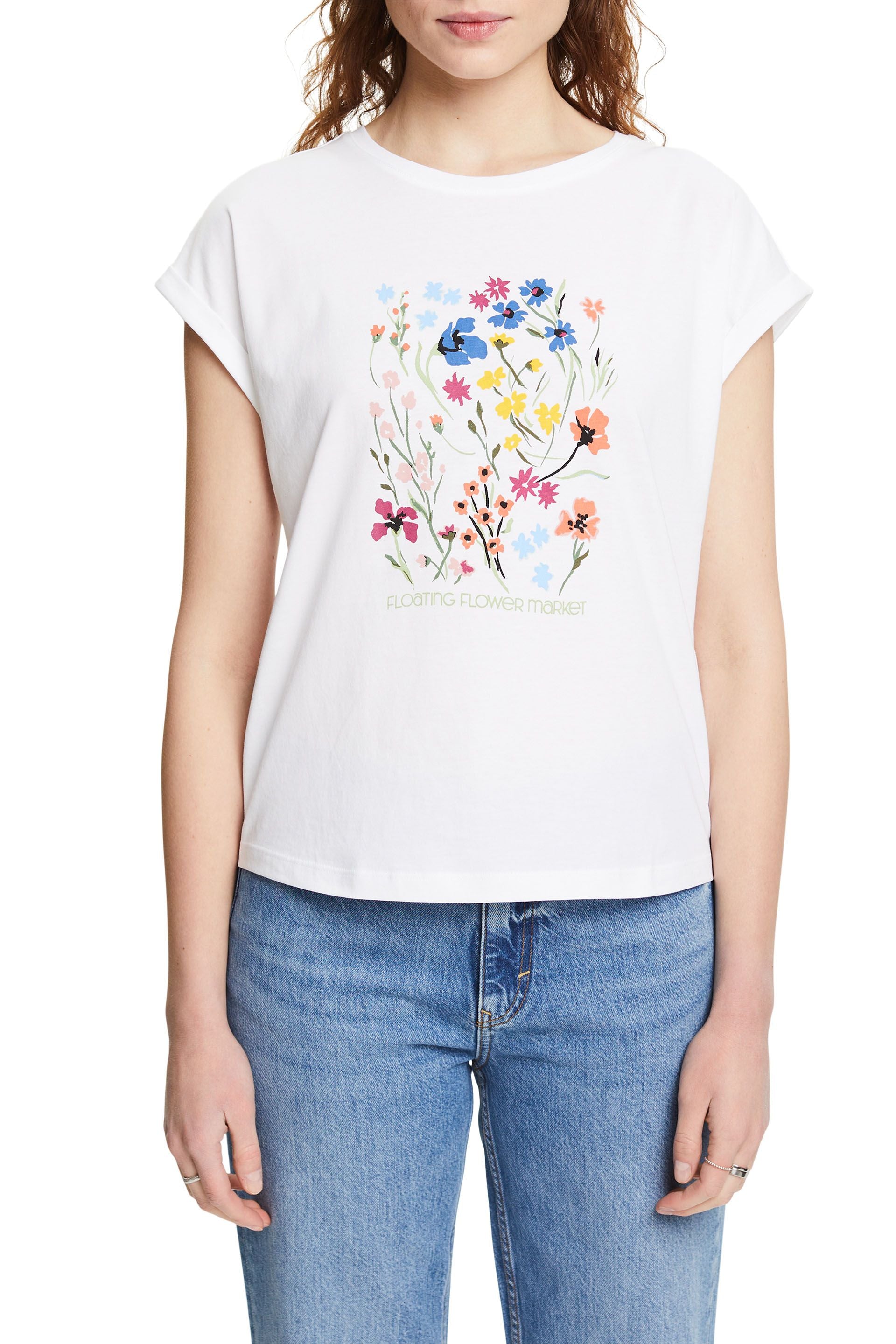 ESPRIT Damen T-Shirt mit Grafik-Print und Umschlagärmeln 100% Baumwolle