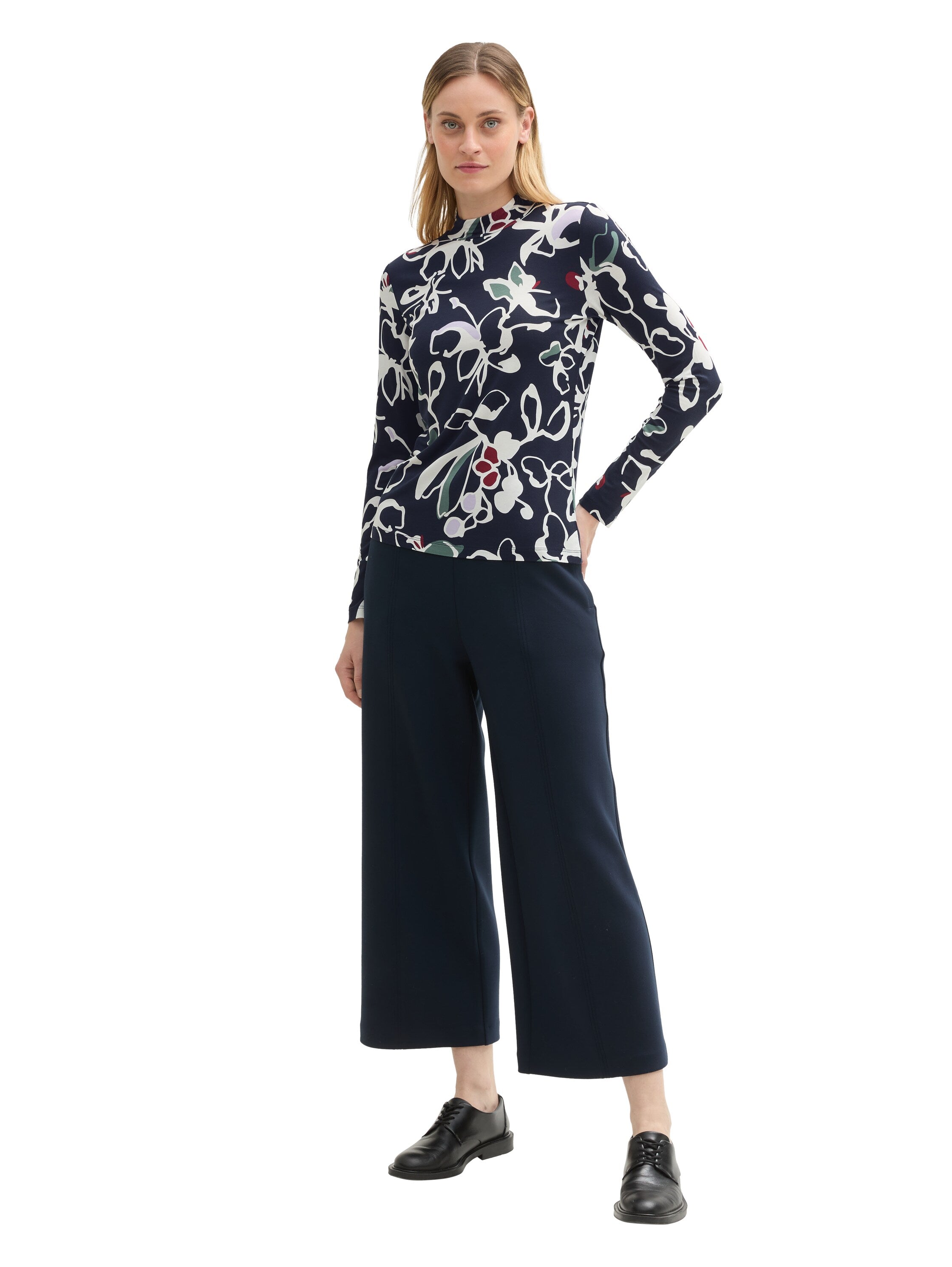 Gemustertes Langarmshirt Damen Stehkragen Viskose Elasthan