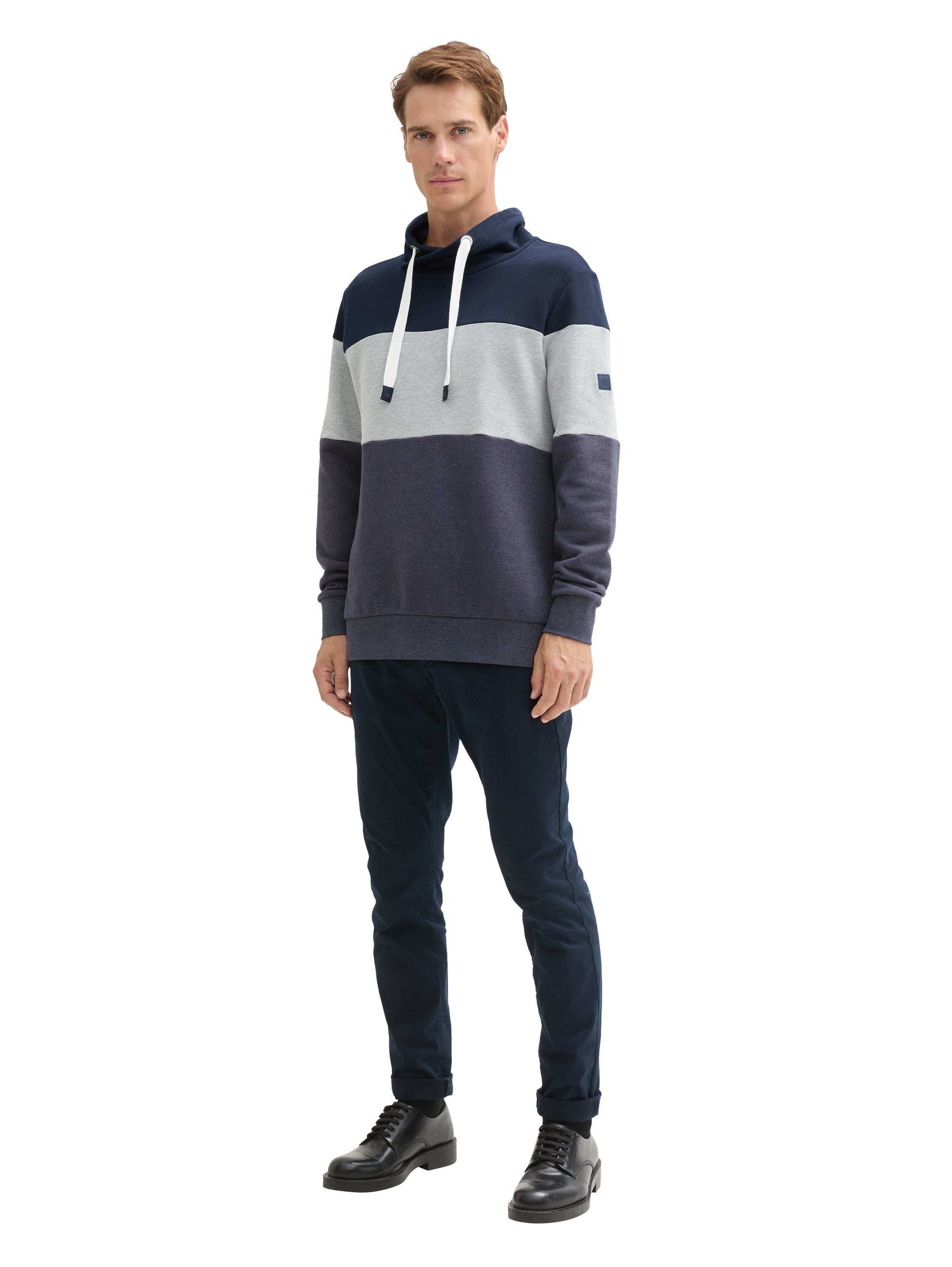 Tom Tailor Denim Herren Sweatshirt mit Kordelzug am Schalkragen und Logo-Badge am Ärmel