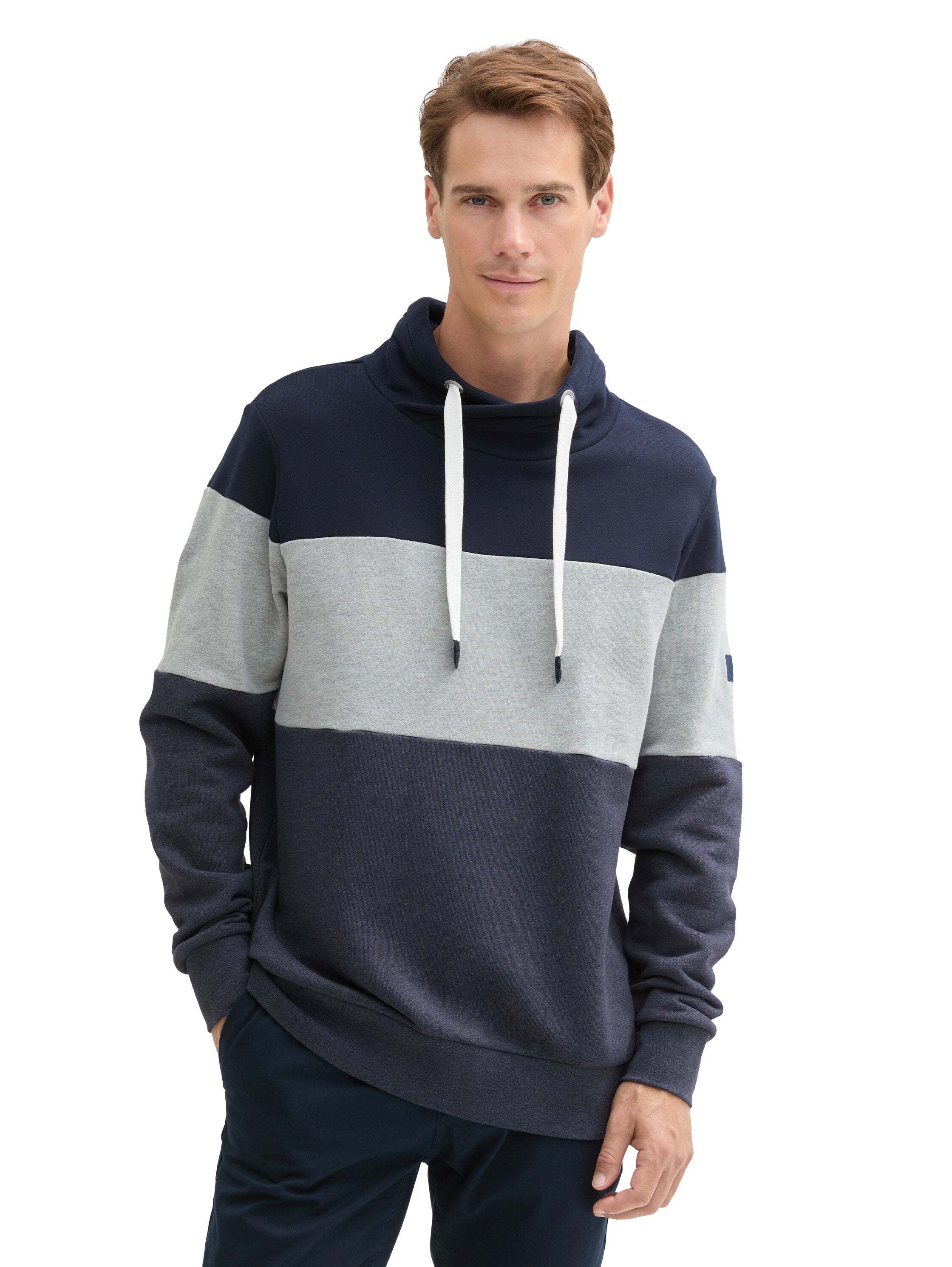 Tom Tailor Denim Herren Sweatshirt mit Kordelzug am Schalkragen und Logo-Badge am Ärmel