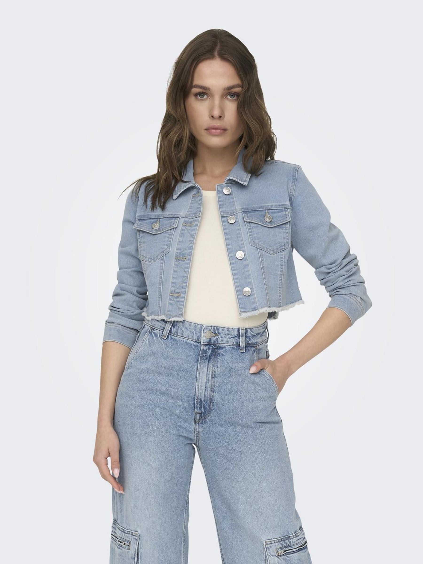 Bestseller Jeansjacke Damen Trendige Fly-Away Kragen Langarm Knopfleiste