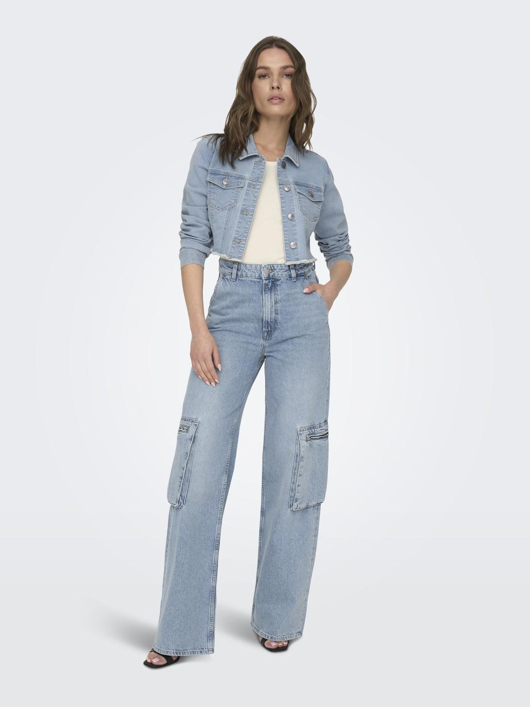 Bestseller Jeansjacke Damen Trendige Fly-Away Kragen Langarm Knopfleiste