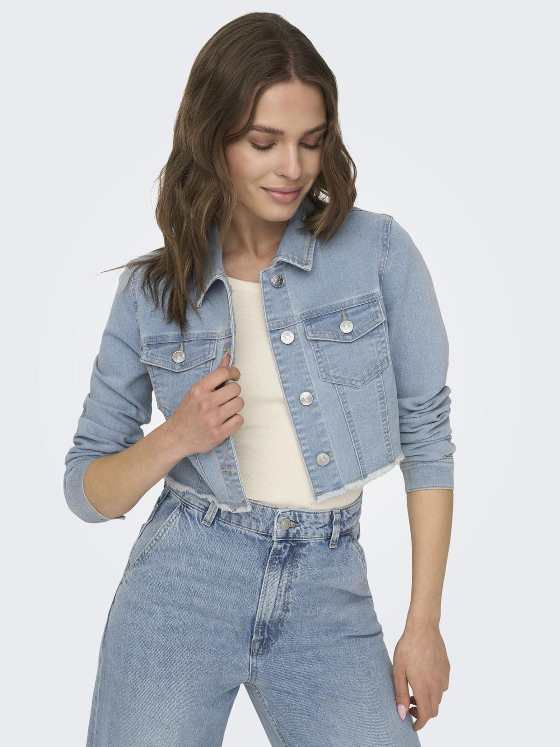 Bestseller Jeansjacke Damen Trendige Fly-Away Kragen Langarm Knopfleiste