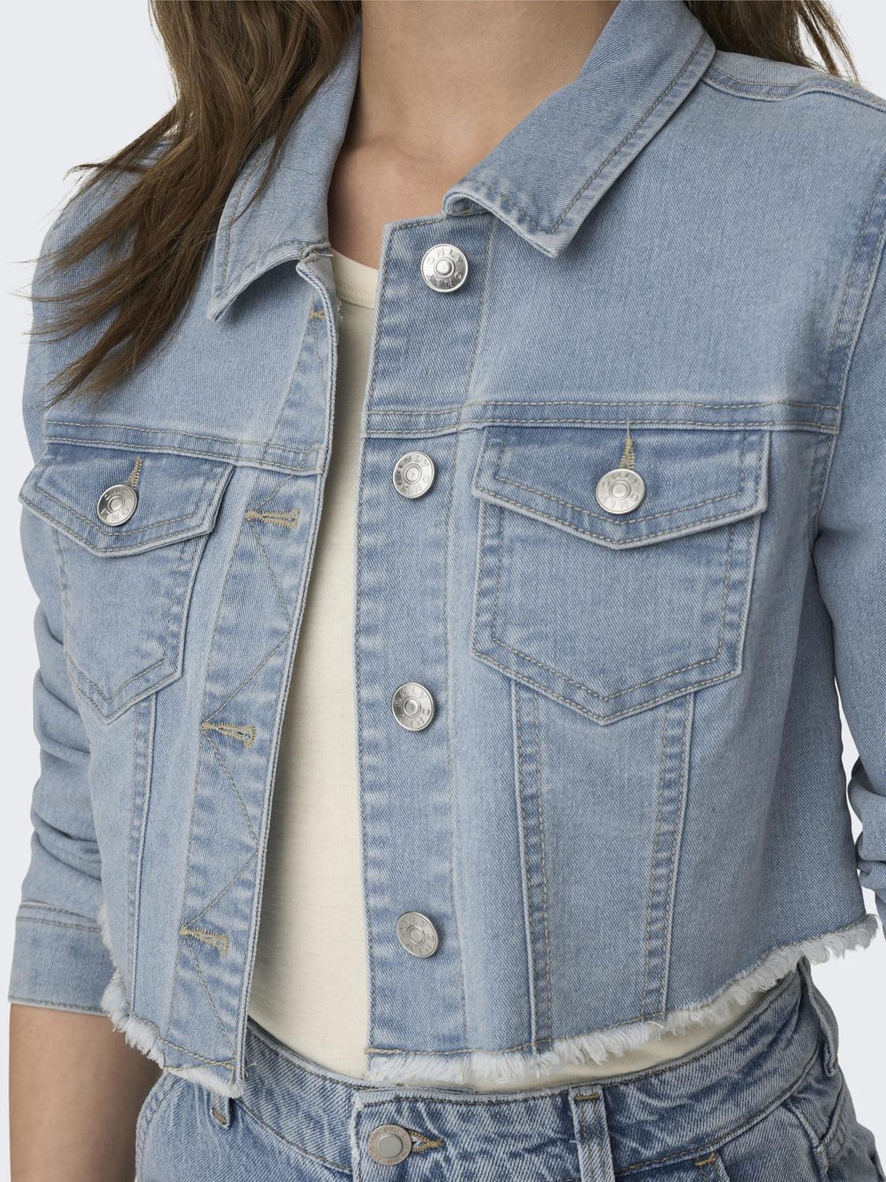 Bestseller Jeansjacke Damen Trendige Fly-Away Kragen Langarm Knopfleiste