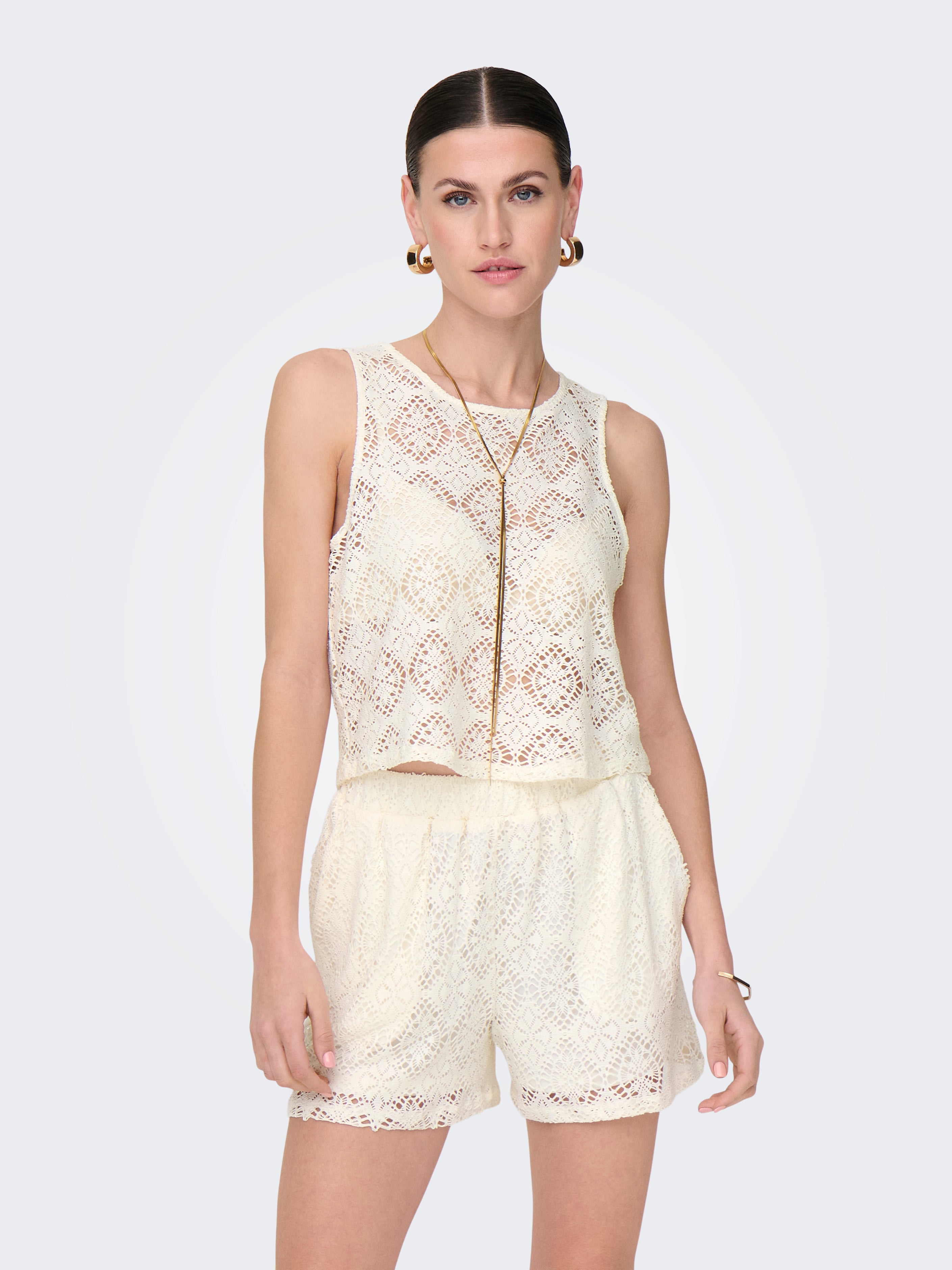 JDY Top Damen Leichtes Spitzen Rundhals Top