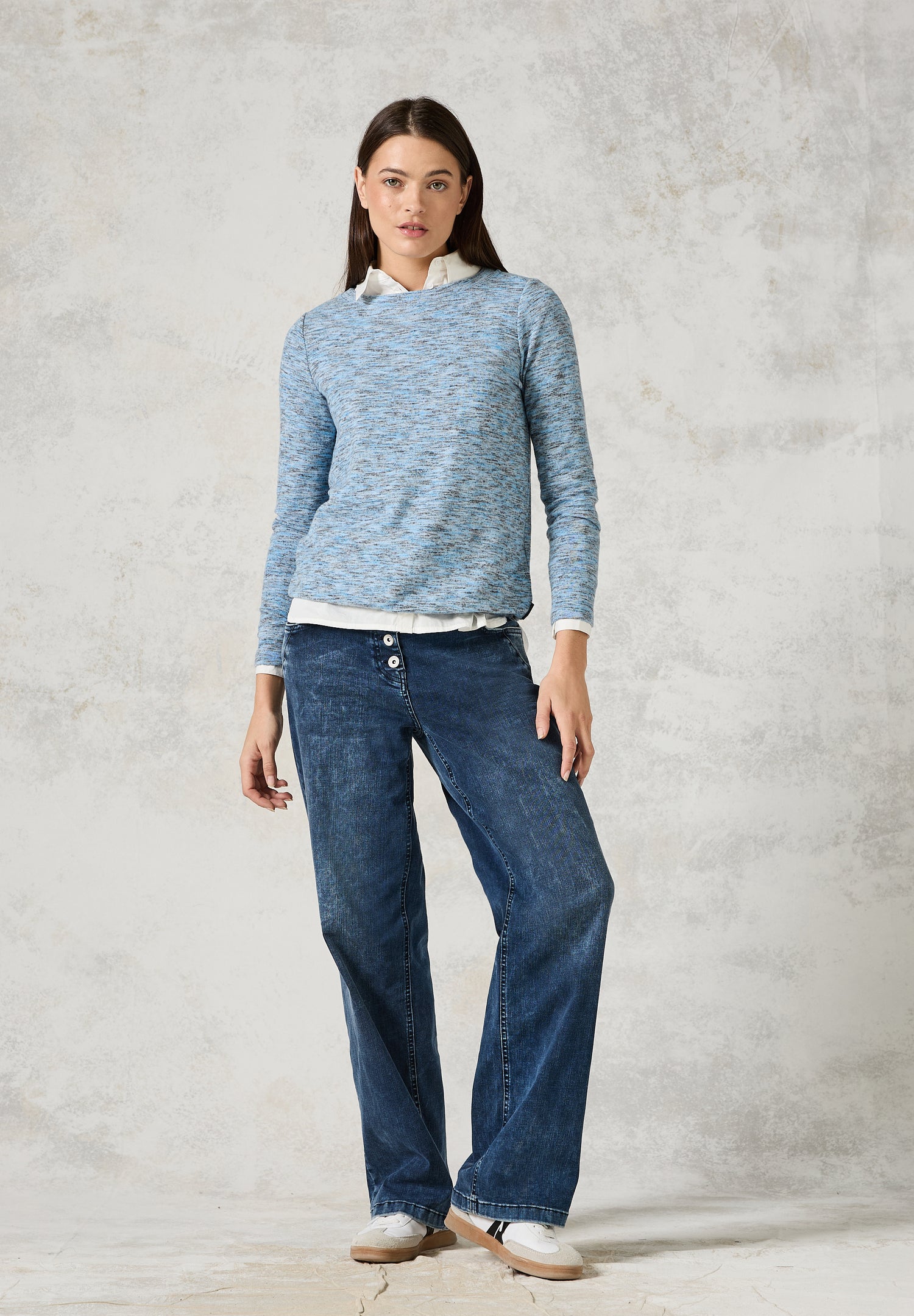 CECIL Langarm Damenshirt mit U-Boot-Ausschnitt und Melange-Look