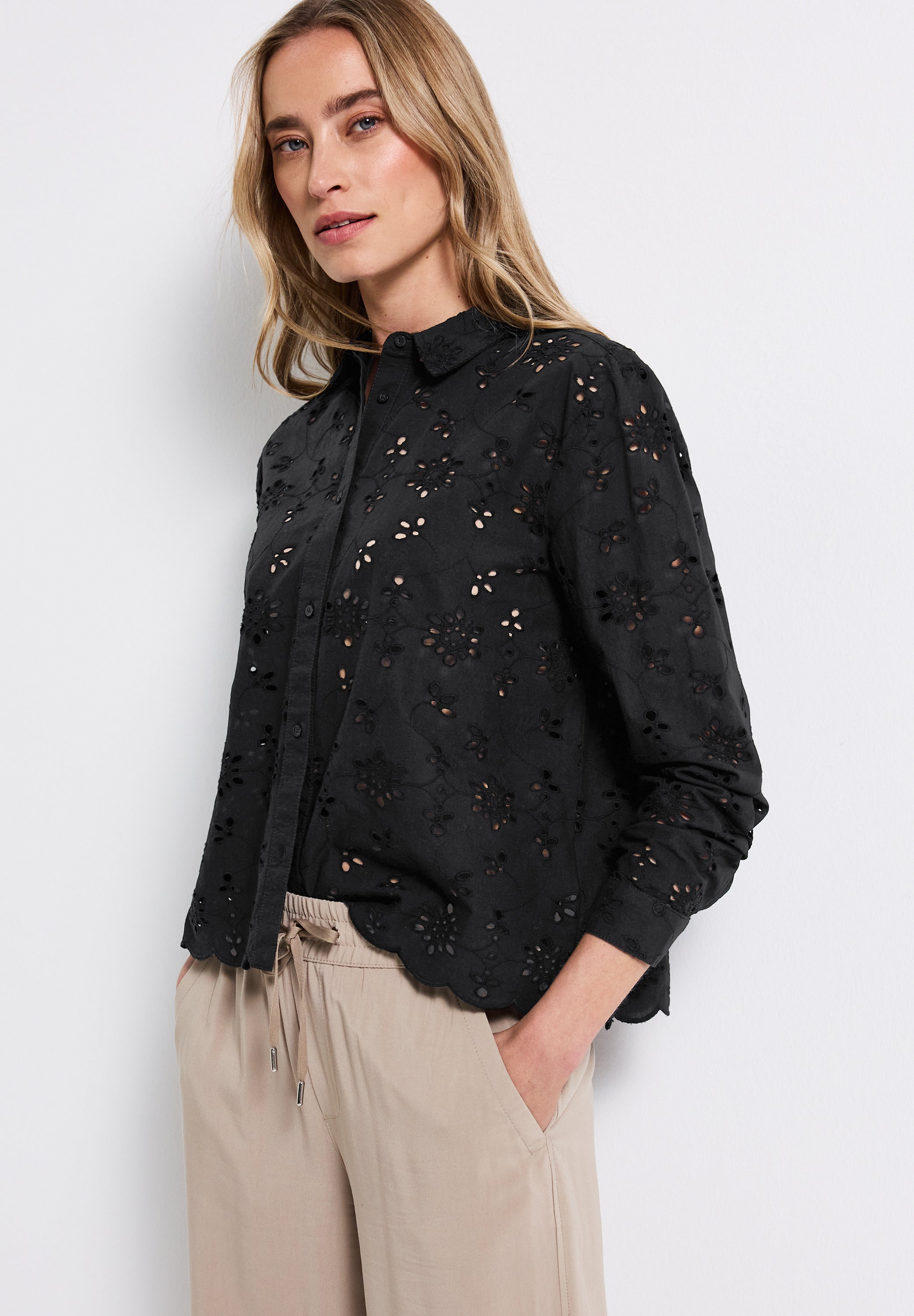 Street One Langarmbluse Damen Sommerliche Lochstickerei Baumwolle