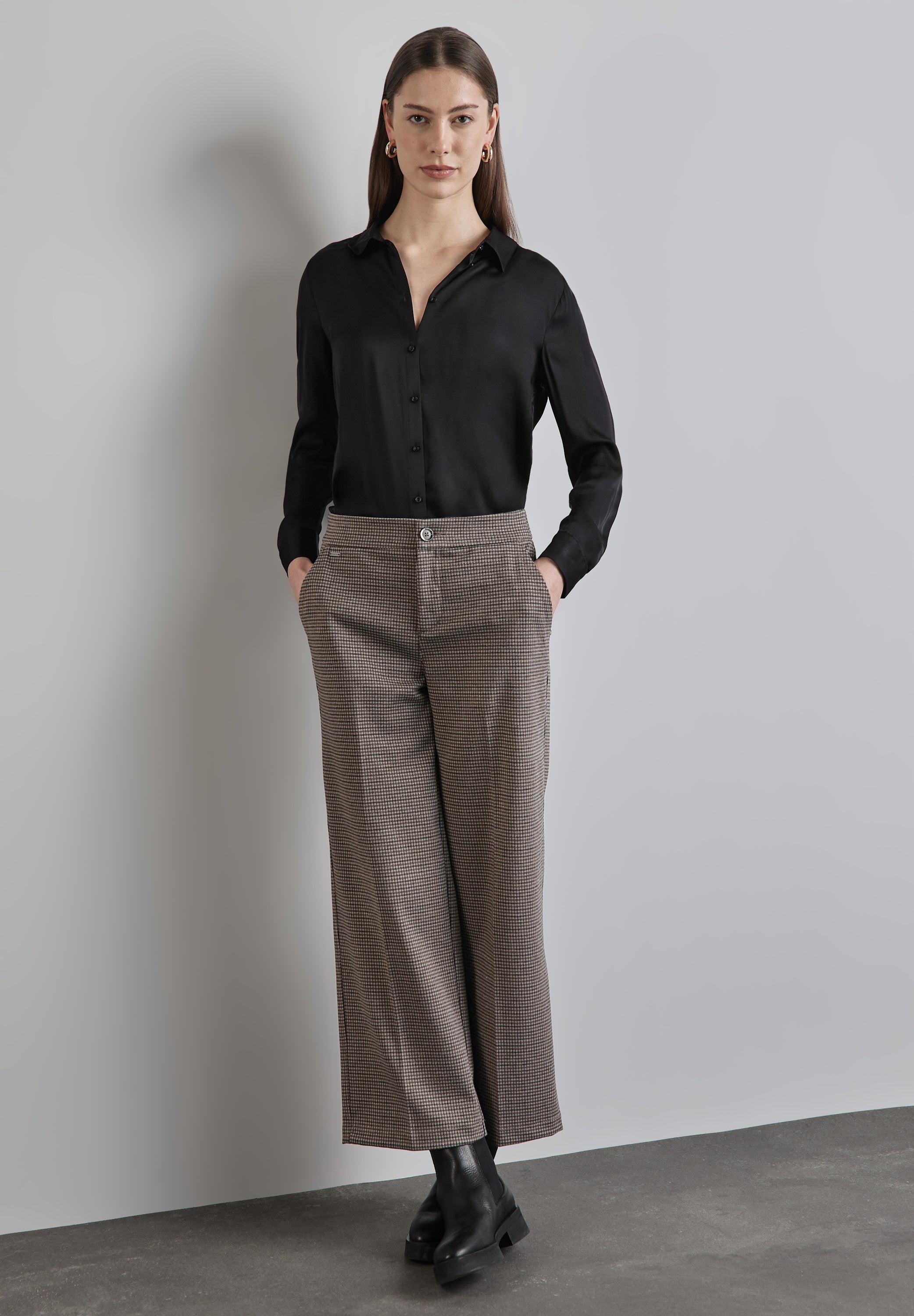 Street One karierte Wide Leg Hose Damen High Waist glitzerndes Karomuster