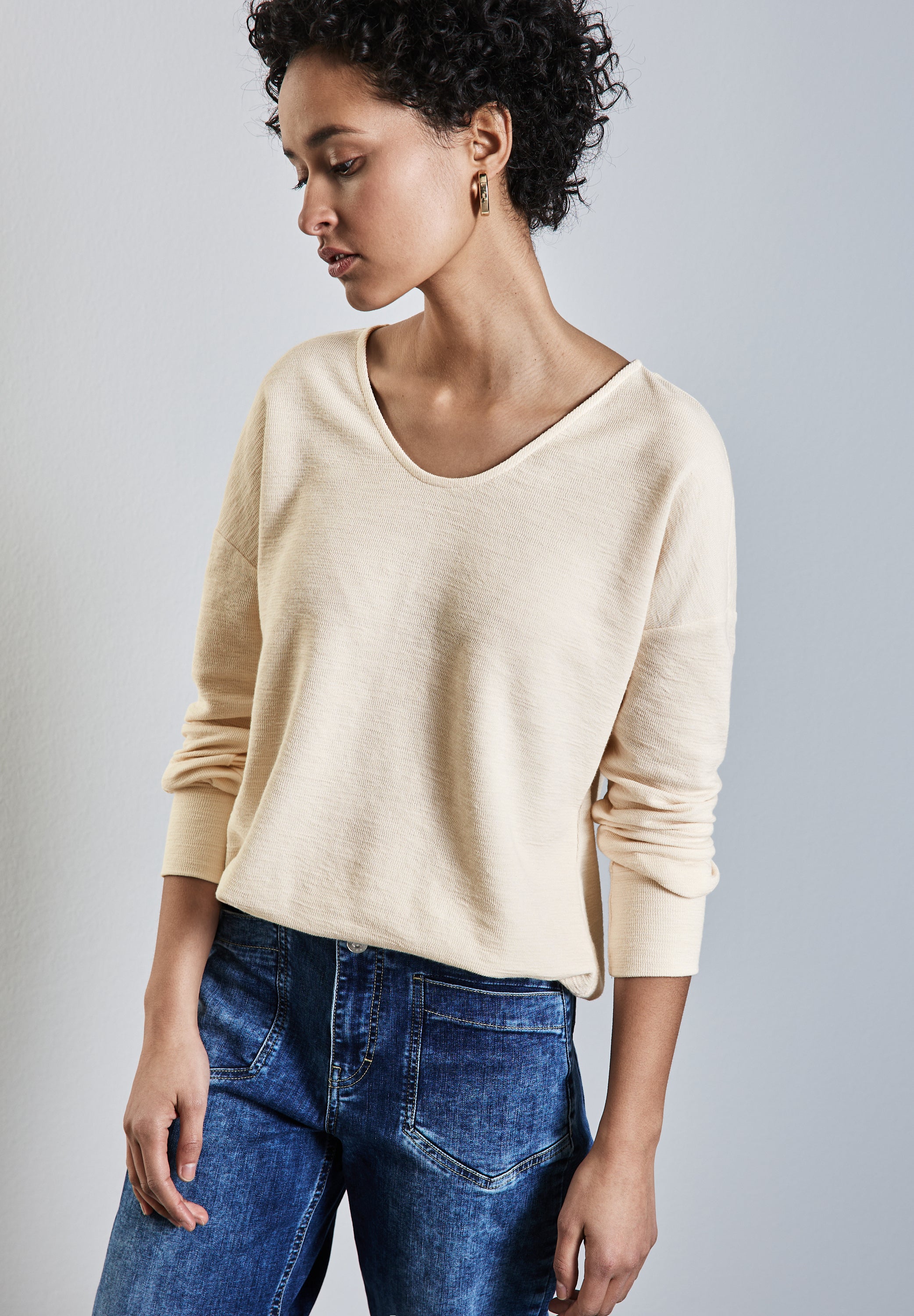 Street One Damen Langarmshirt mit V-Ausschnitt und elastischem Saum