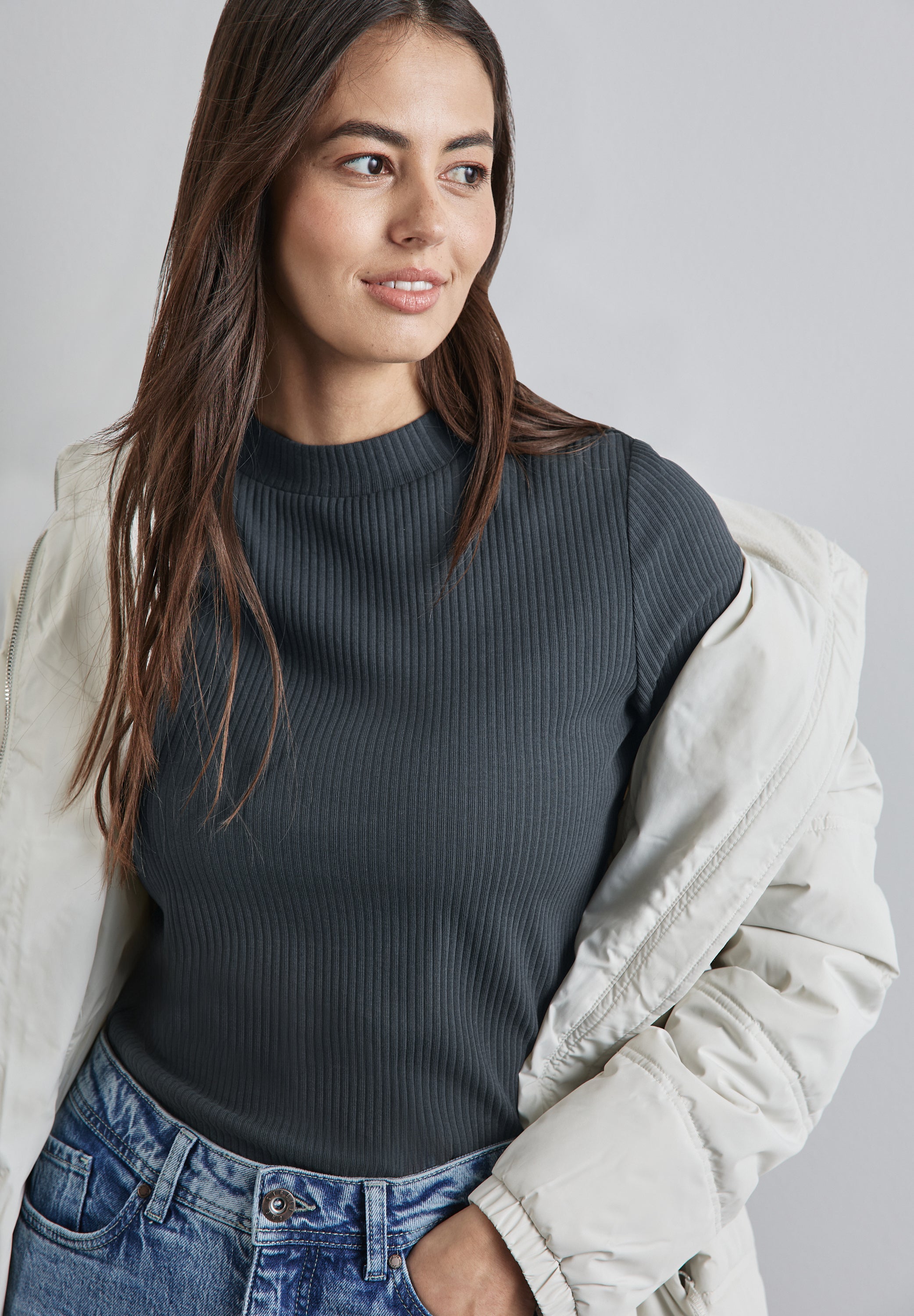 Street One Langarmshirt Damen mit Turtleneck und Rippstruktur