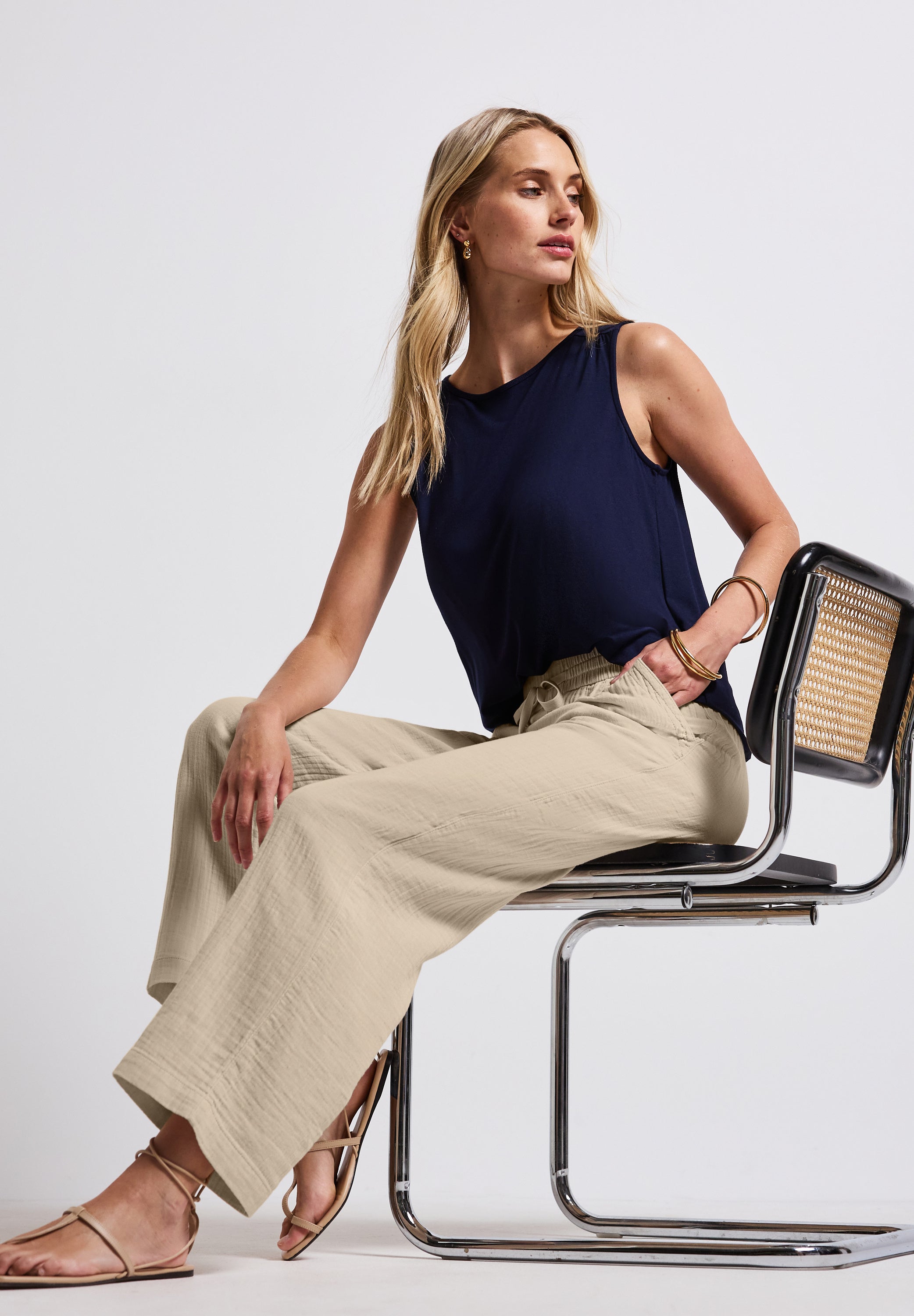 Street One Musselin Hose Damen Loose Fit High Waist Wide Legs