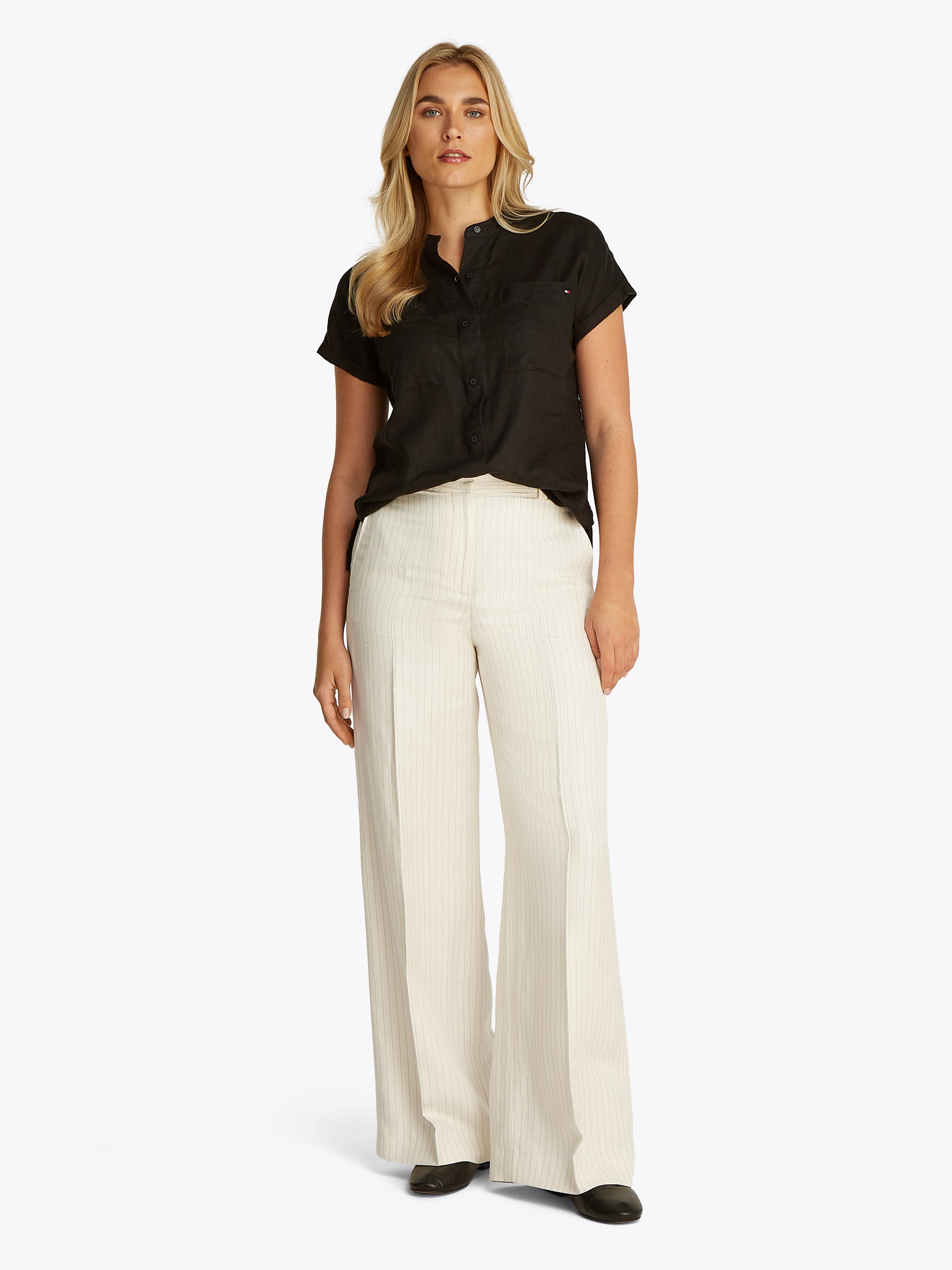 Theur VISCOSE LINEN WIDE LEG PANTS Damen cream/ grey pinstripe