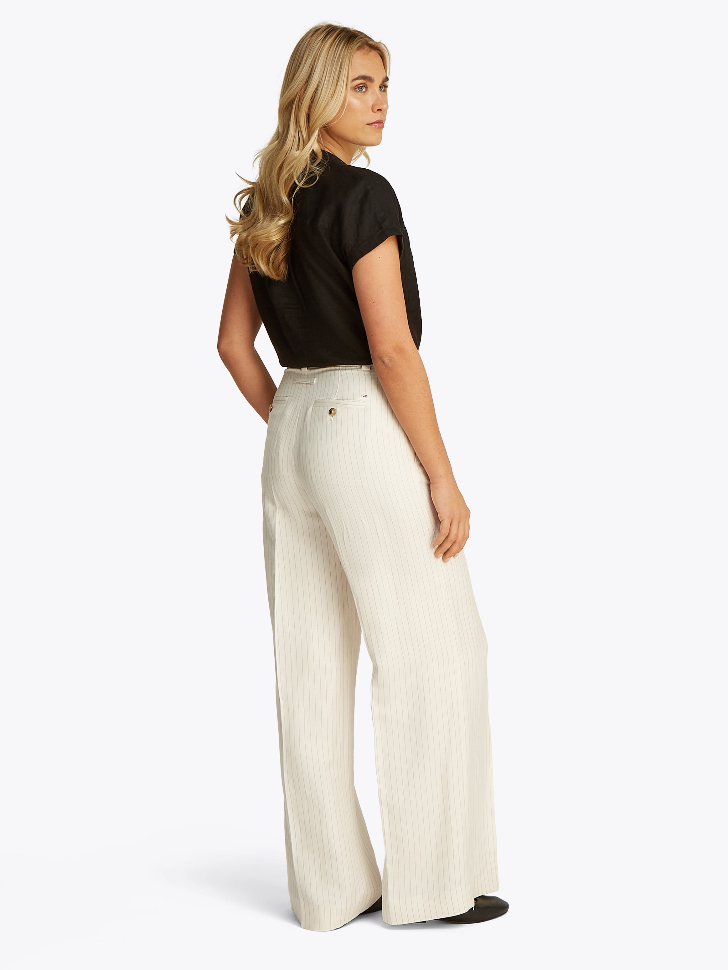 Theur VISCOSE LINEN WIDE LEG PANTS Damen cream/ grey pinstripe