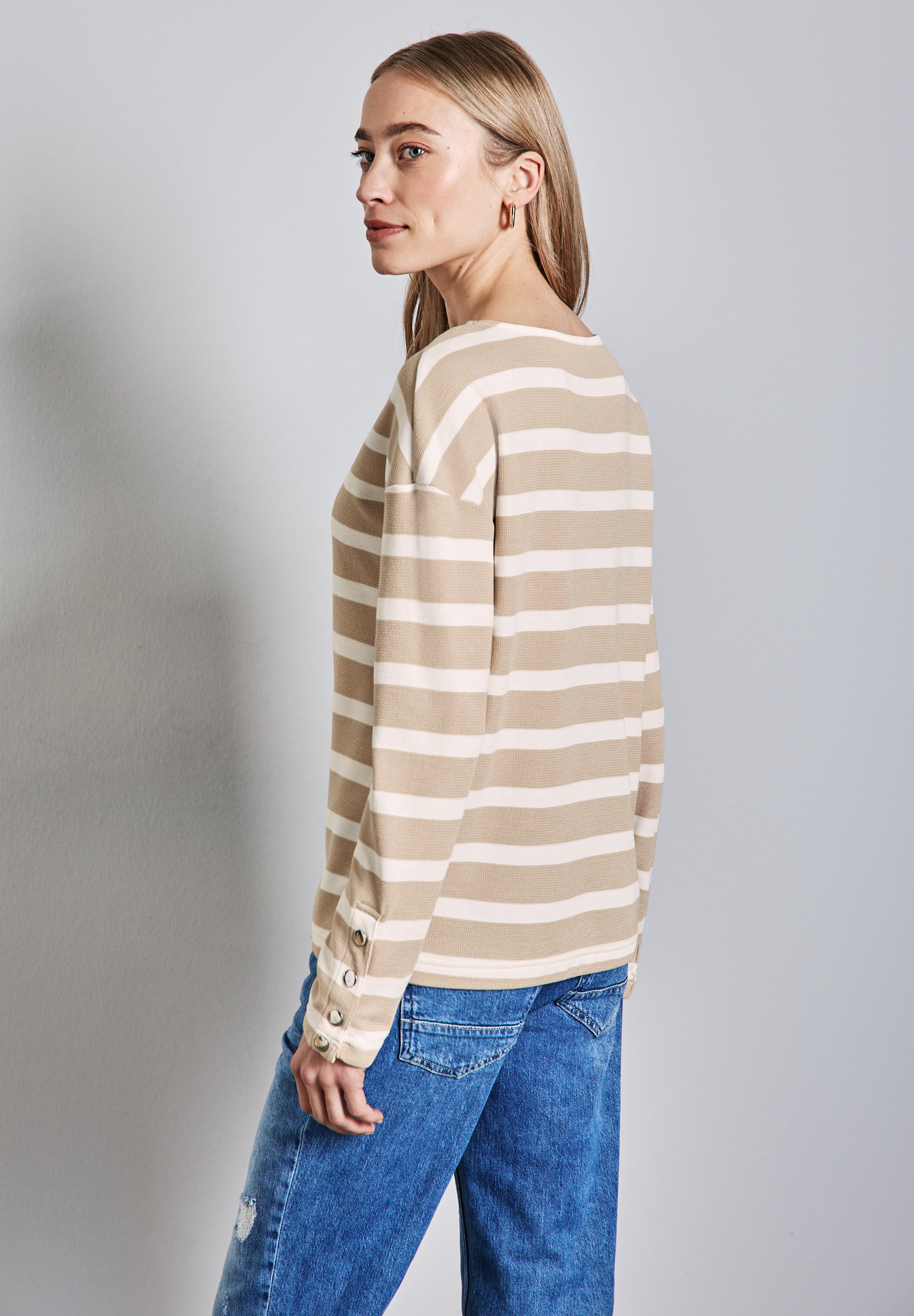 Street One Streifenshirt mit Knöpfen Damen Langarm U-Boot-Ausschnitt