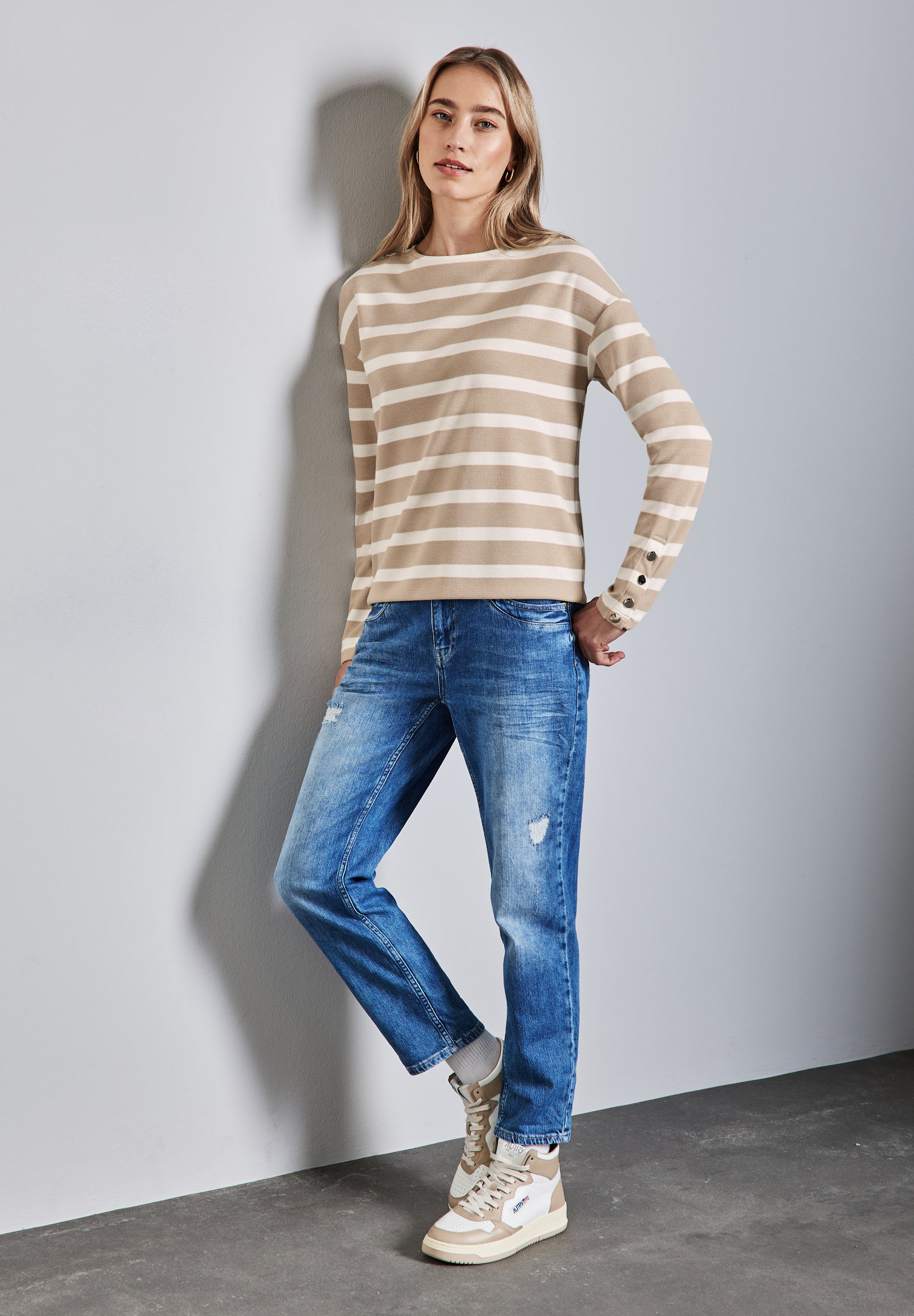Street One Streifenshirt mit Knöpfen Damen Langarm U-Boot-Ausschnitt