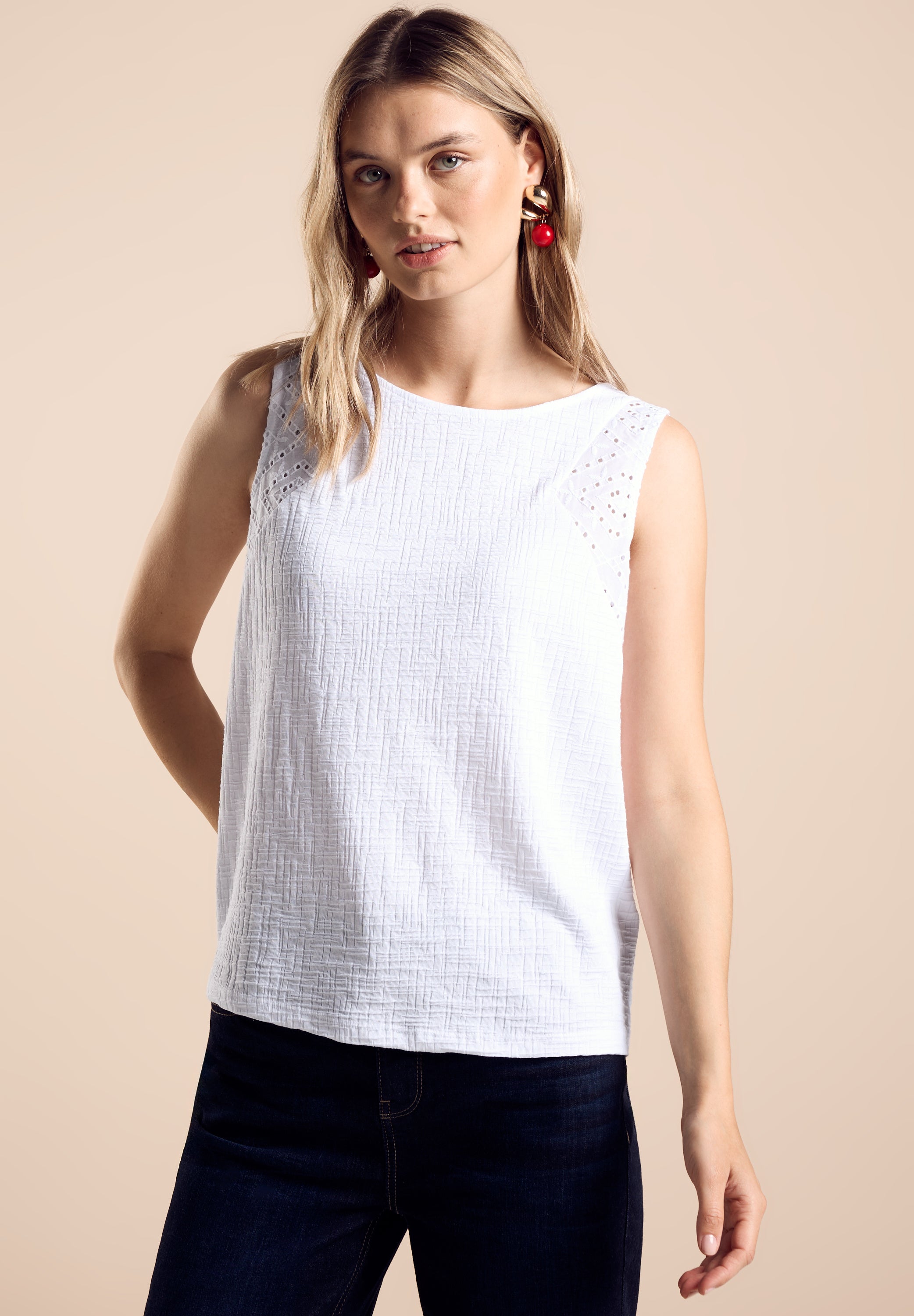 Street One Struktur-Top Damen Sommerliche Stickerei Ärmellos Baumwollmix