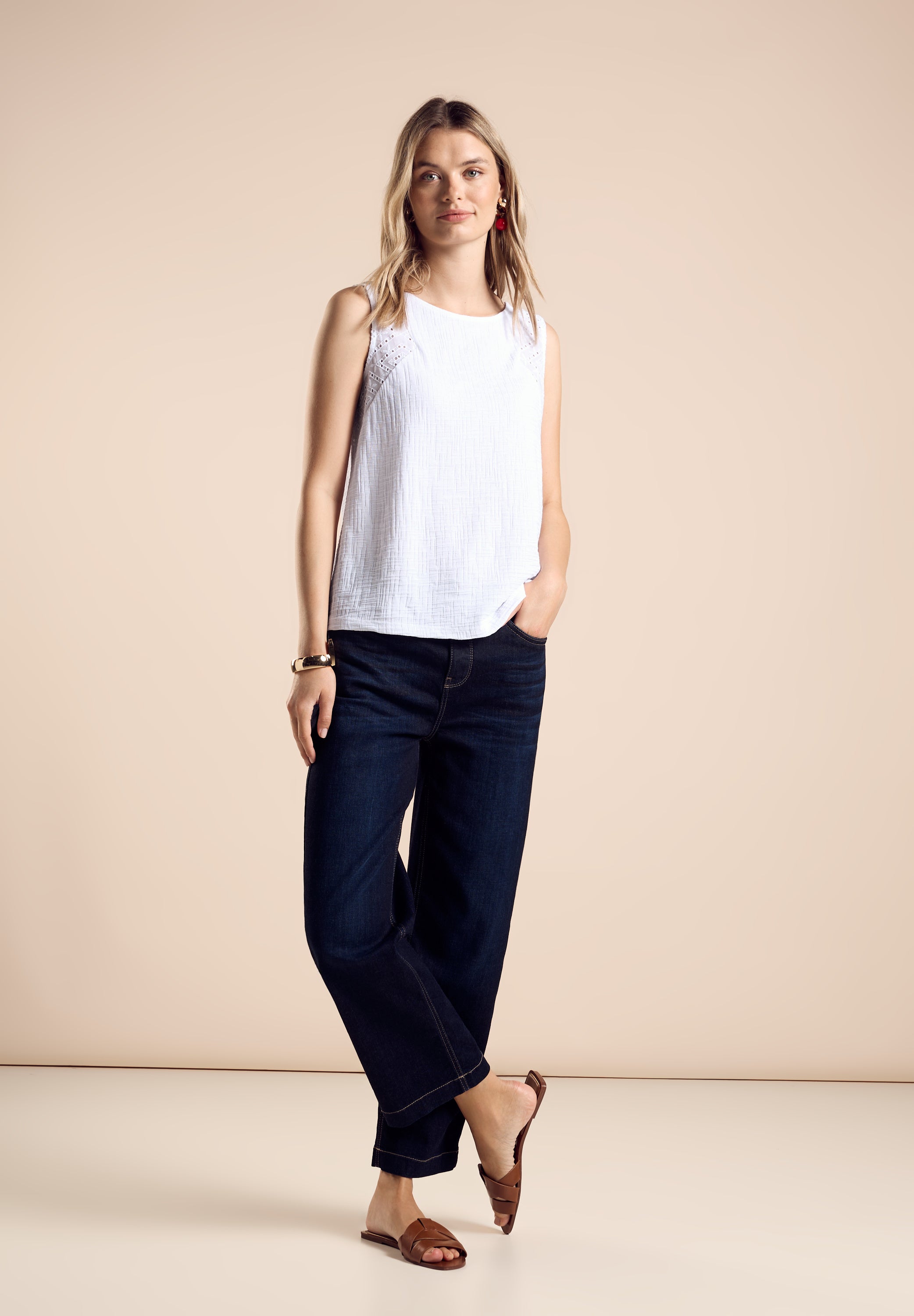 Street One Struktur-Top Damen Sommerliche Stickerei Ärmellos Baumwollmix