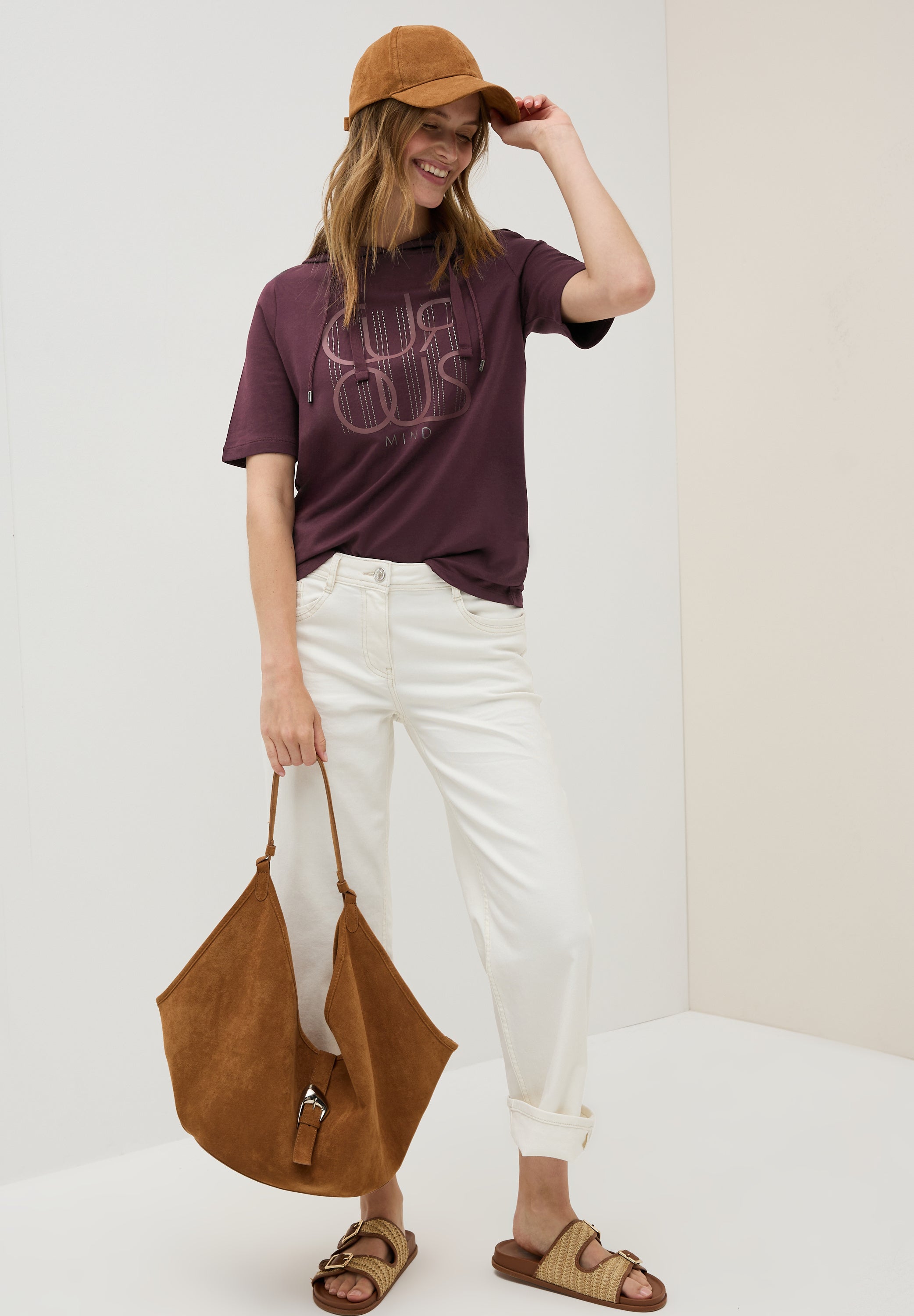 CECIL Kapuzenshirt Damen Wording Artwork Kurzarm Baumwoll-Modal Mix