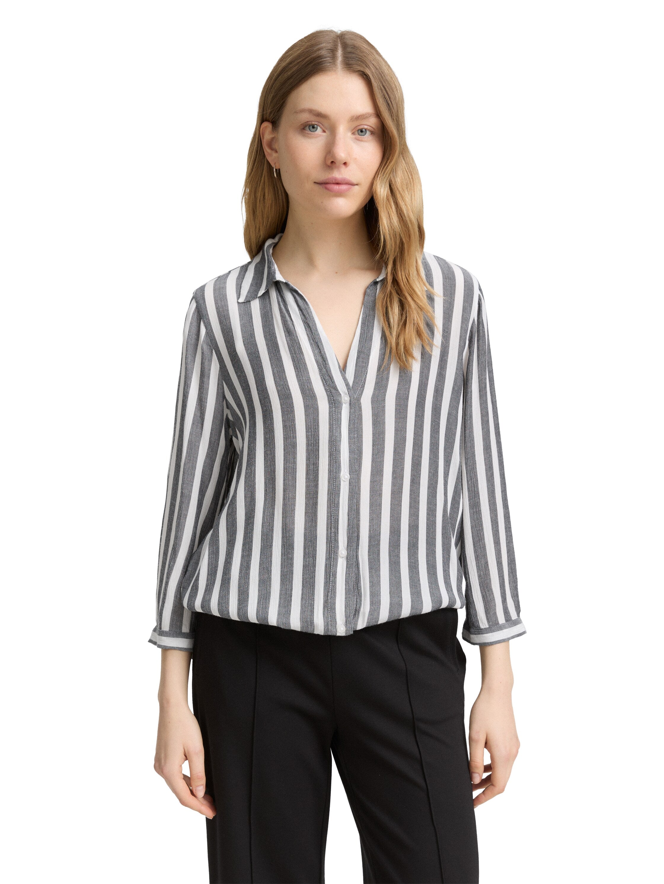 Tom Tailor Denim Bluse Damen Gestreift Knitter-Optik V-Ausschnitt Kordelzug