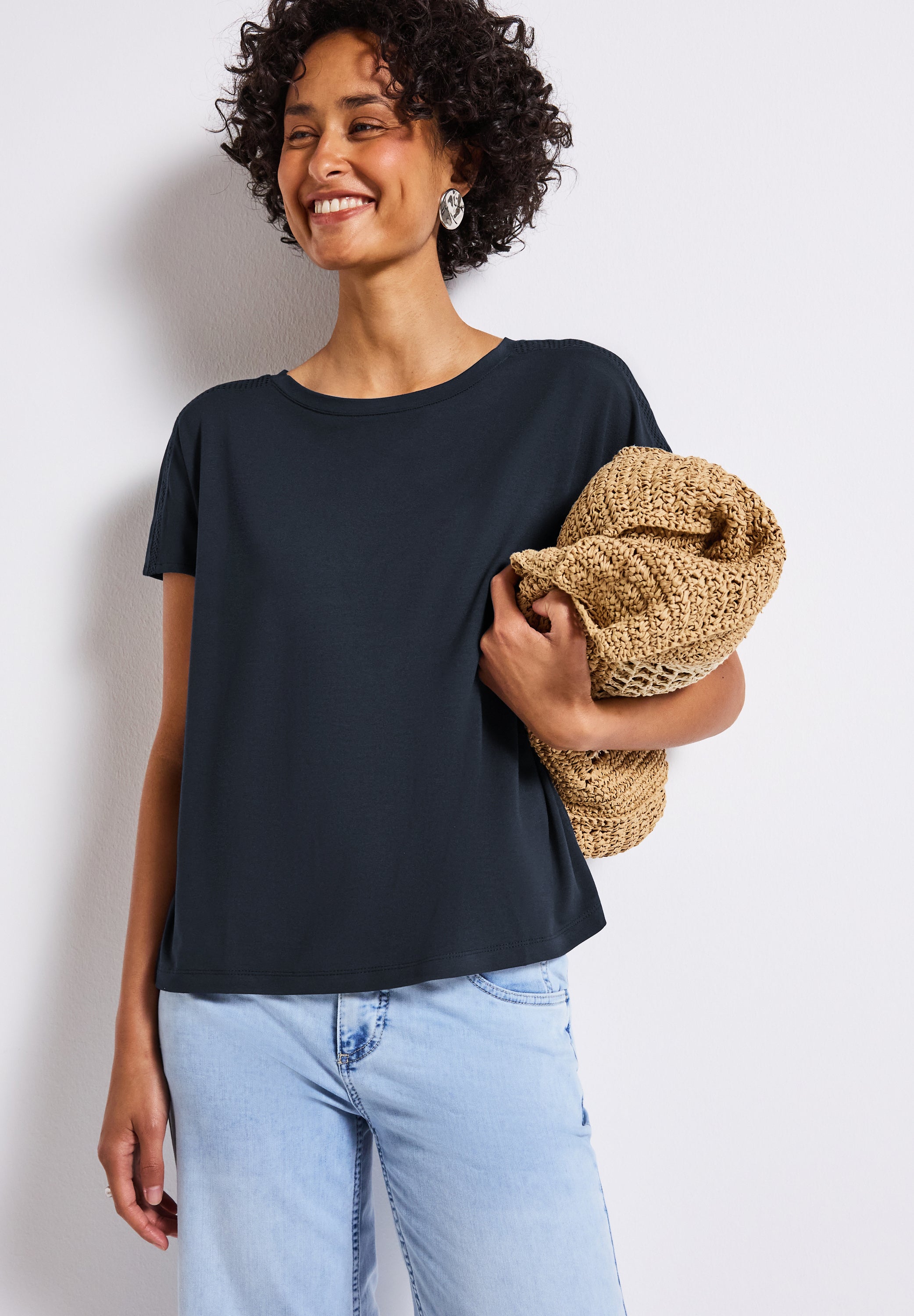 Street One Jersey-Shirt Damen mit Mesh-Detail und dropped shoulders