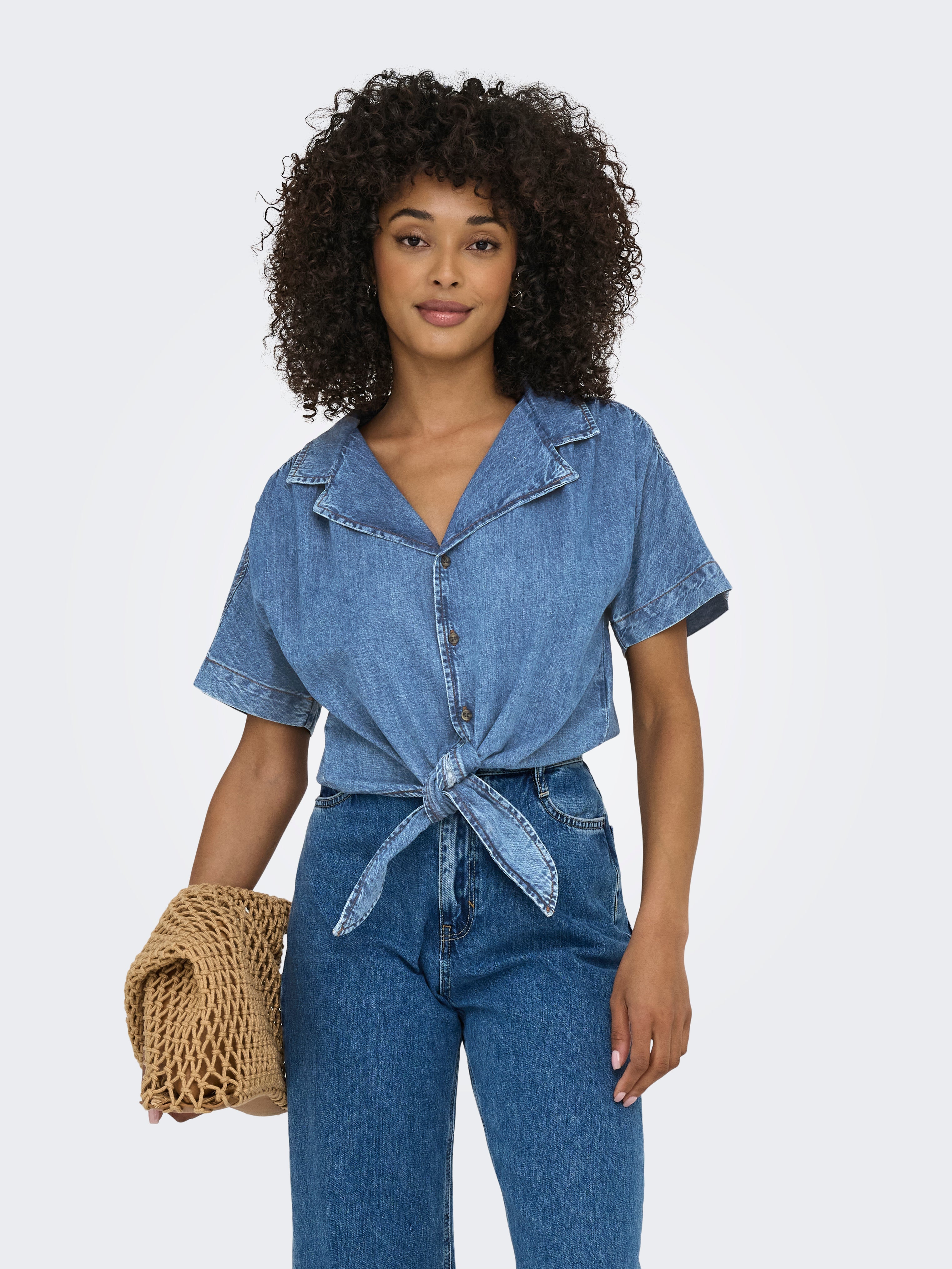 Bestseller Jeanshemd Damen Kastige Ärmel Knoten-Detail