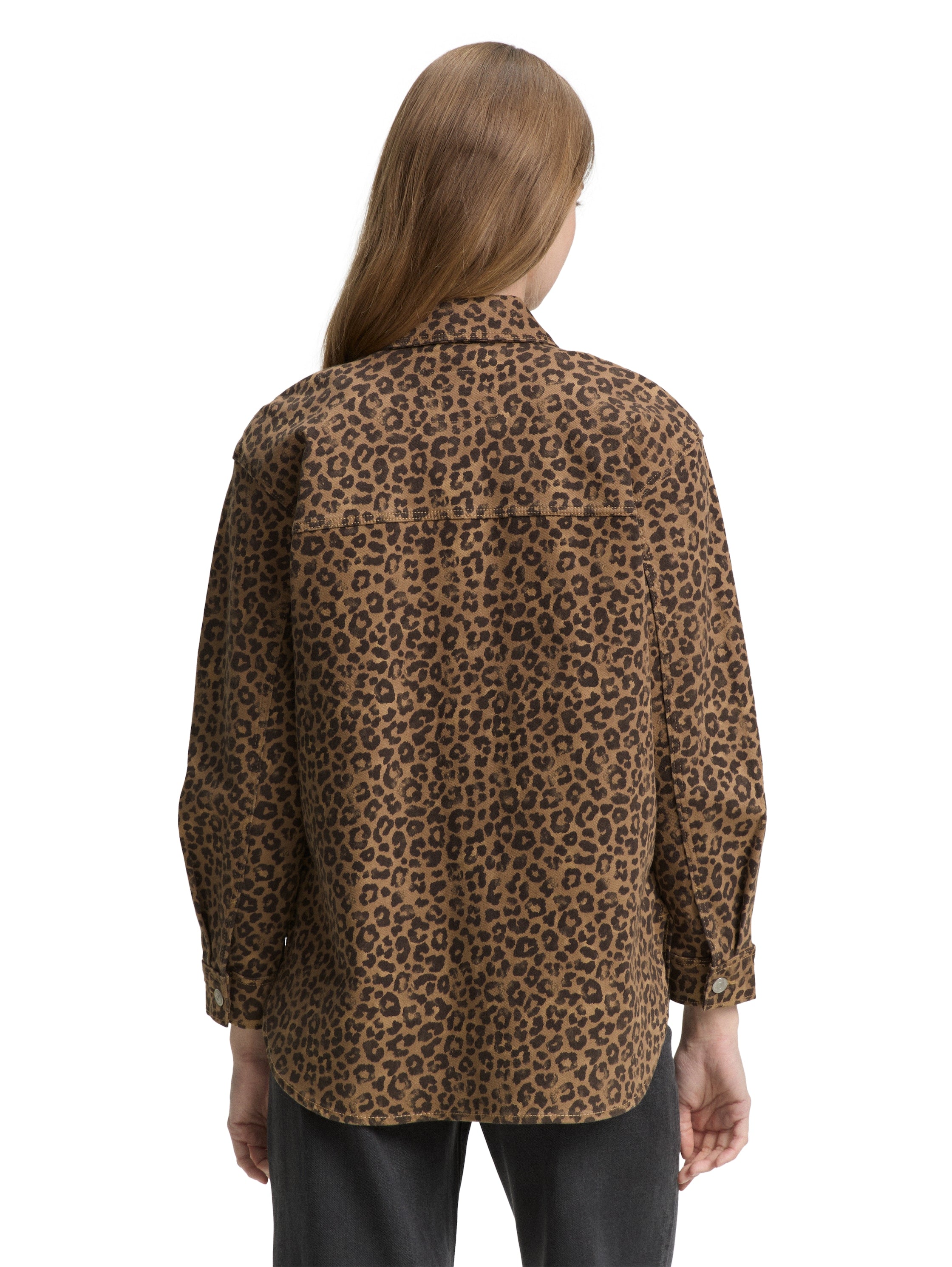 Tom Tailor Denim Jacke mit Leopardenmuster für Damen mit aufgesetzten Brusttaschen