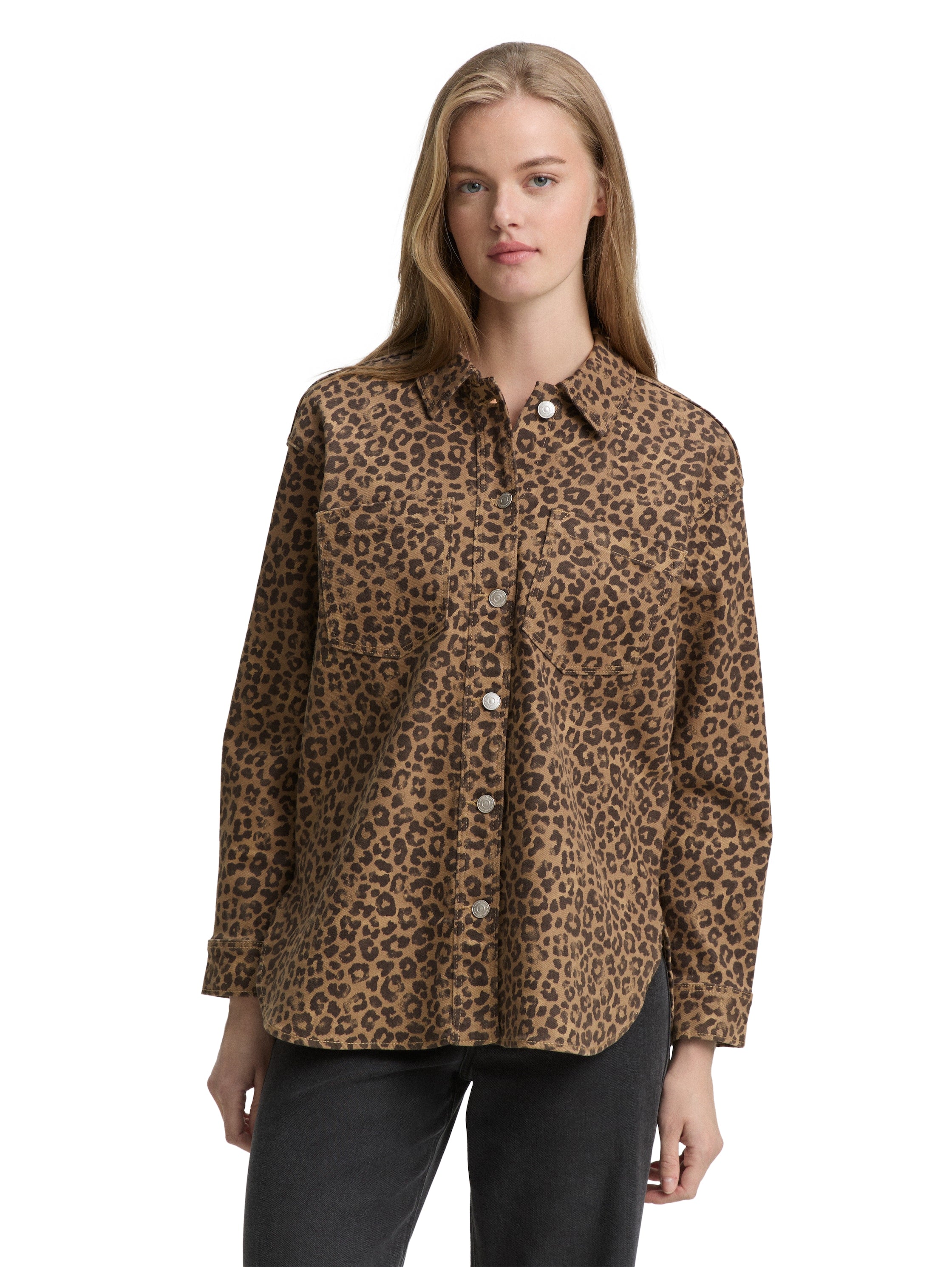 Tom Tailor Denim Jacke mit Leopardenmuster für Damen mit aufgesetzten Brusttaschen