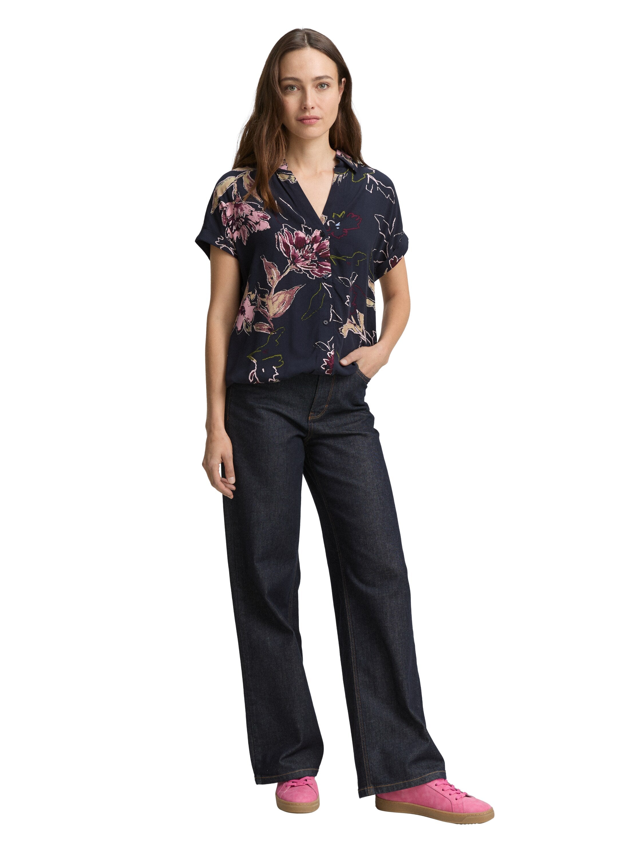 Tom Tailor Denim Female Gemusterte Bluse Viskose Loose Fit Gummibund Faltendetail