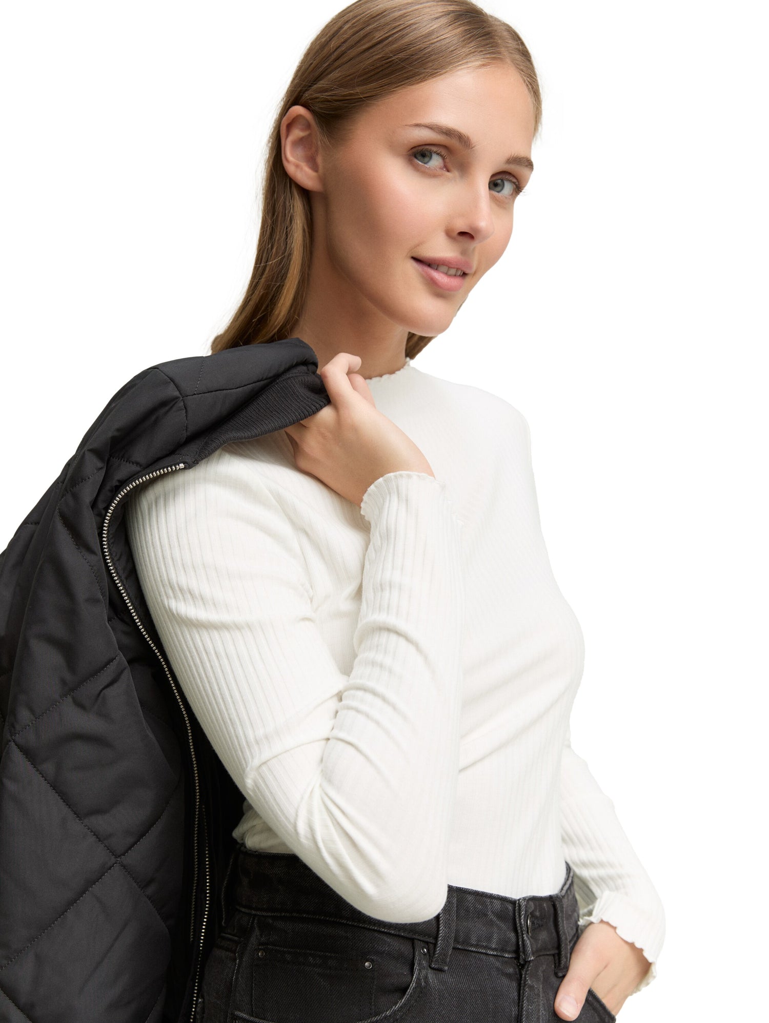 Ripp Langarmshirt mit Stehkragen