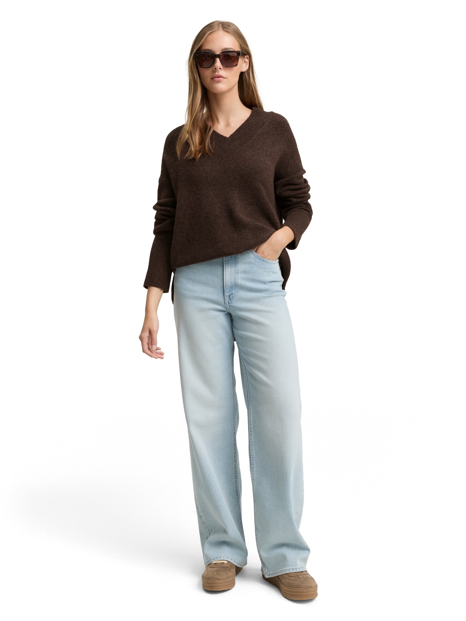 Longstyle Strickpullover mit V-Ausschnitt