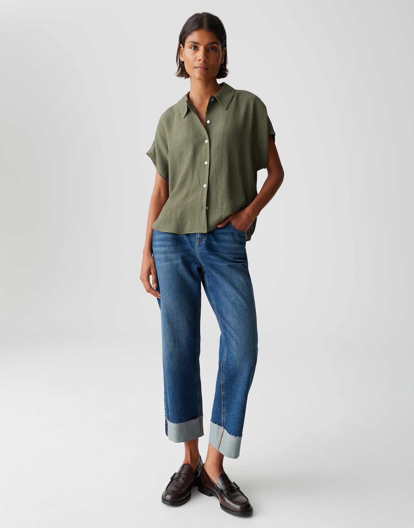 OPUS Hemdbluse Damen Oversized Crinkle Effekt Webware