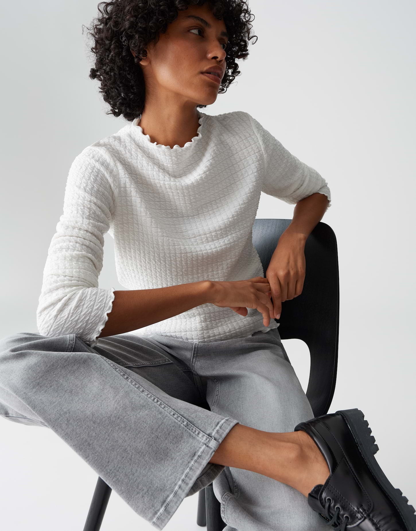 OPUS Damen Funnel Neck Langarmshirt 3D Struktur elastisch