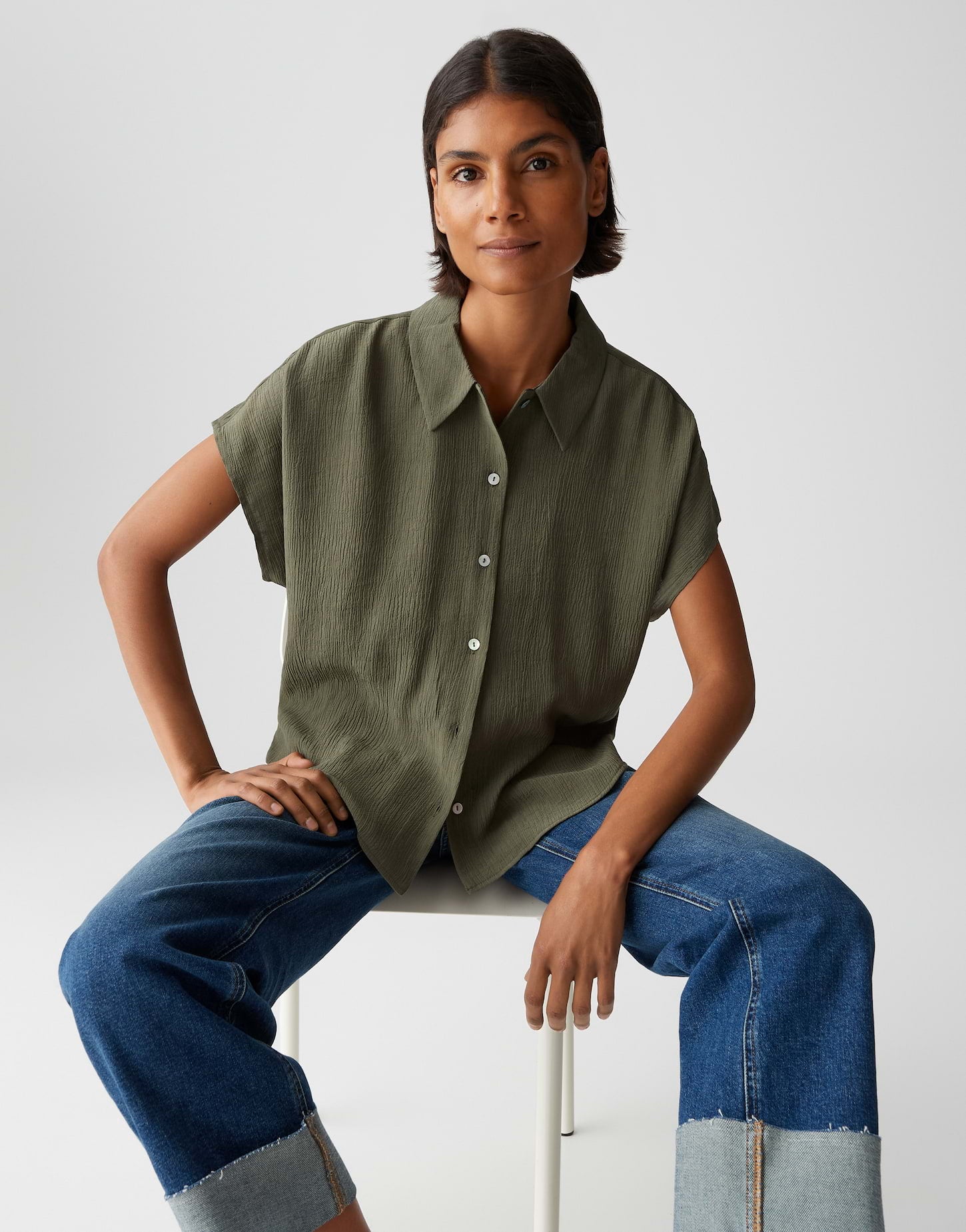 OPUS Hemdbluse Damen Oversized Crinkle Effekt Webware