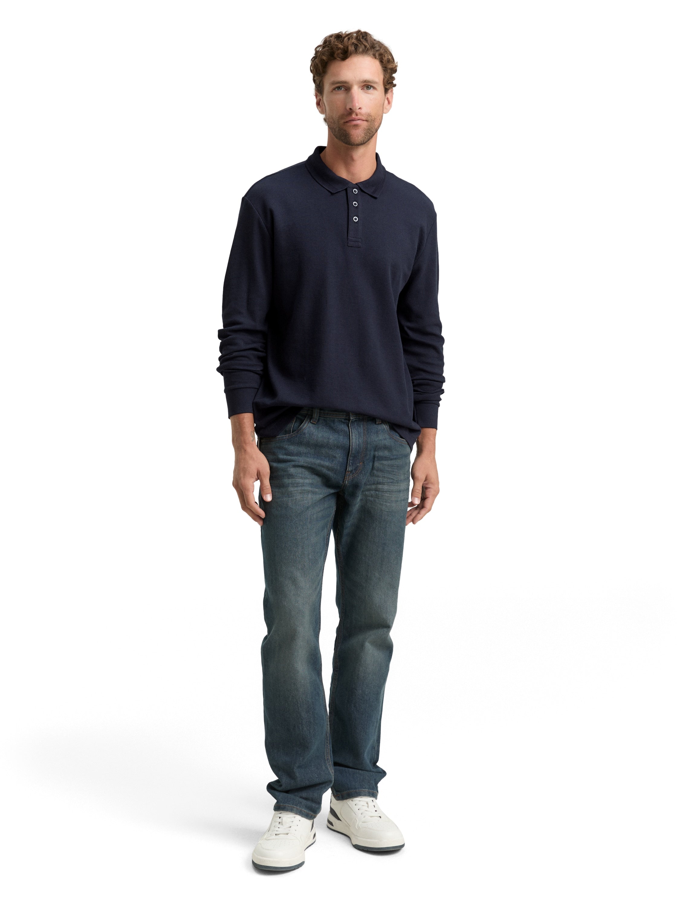 Langarm Poloshirt mit Waffelstruktur