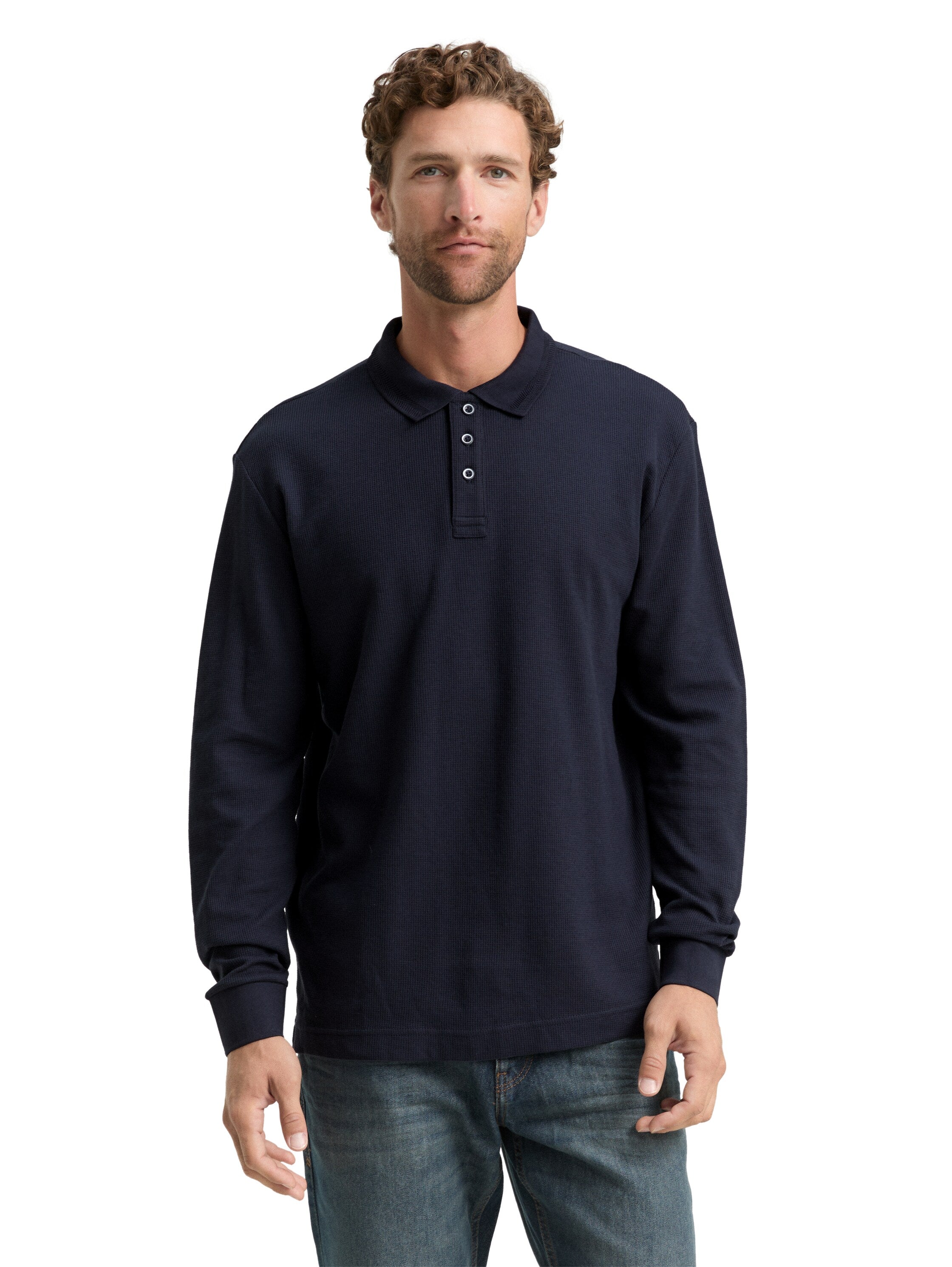 Langarm Poloshirt mit Waffelstruktur