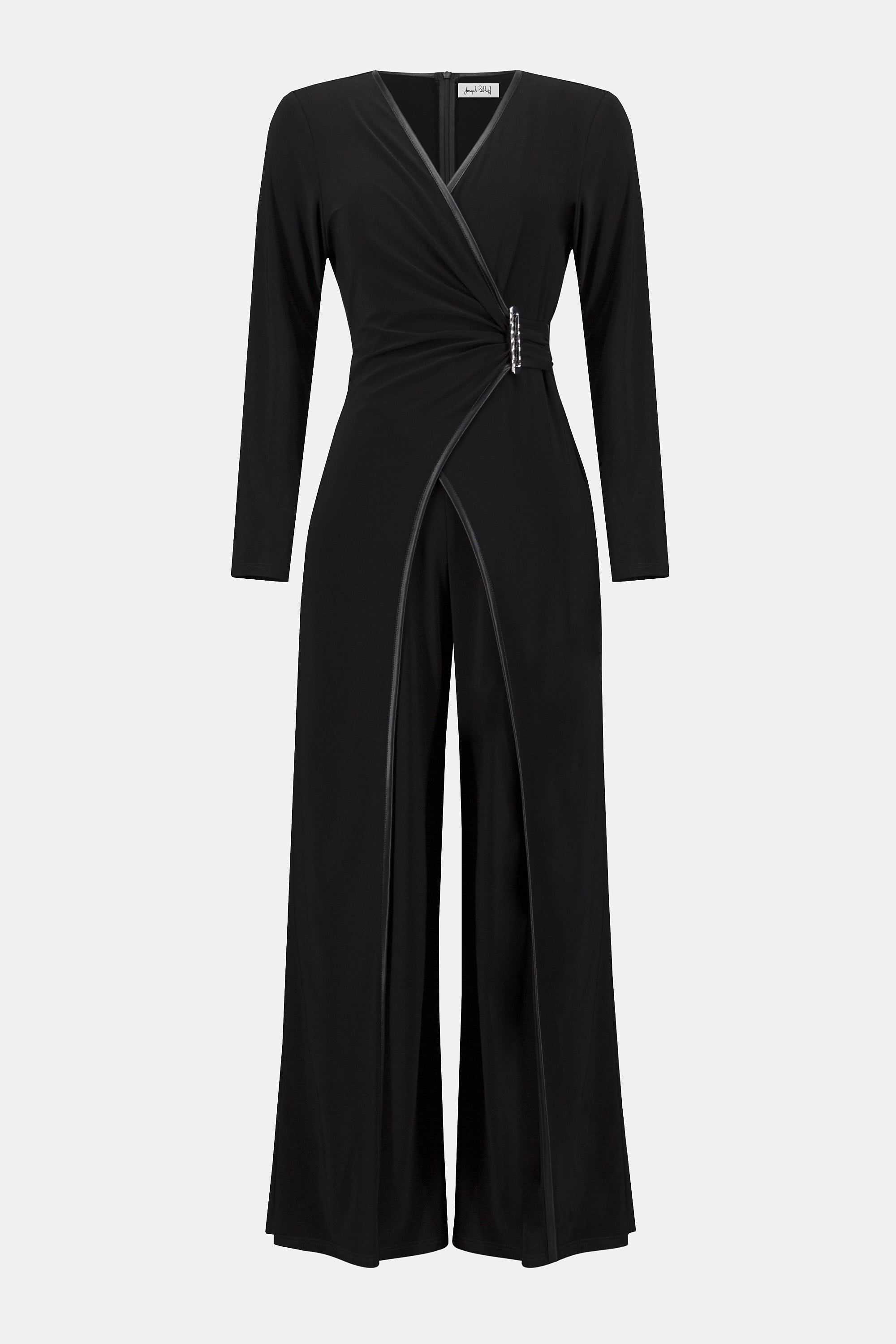Jumpsuit mit weitem Hosenbein aus feinem Jersey und Kunstleder