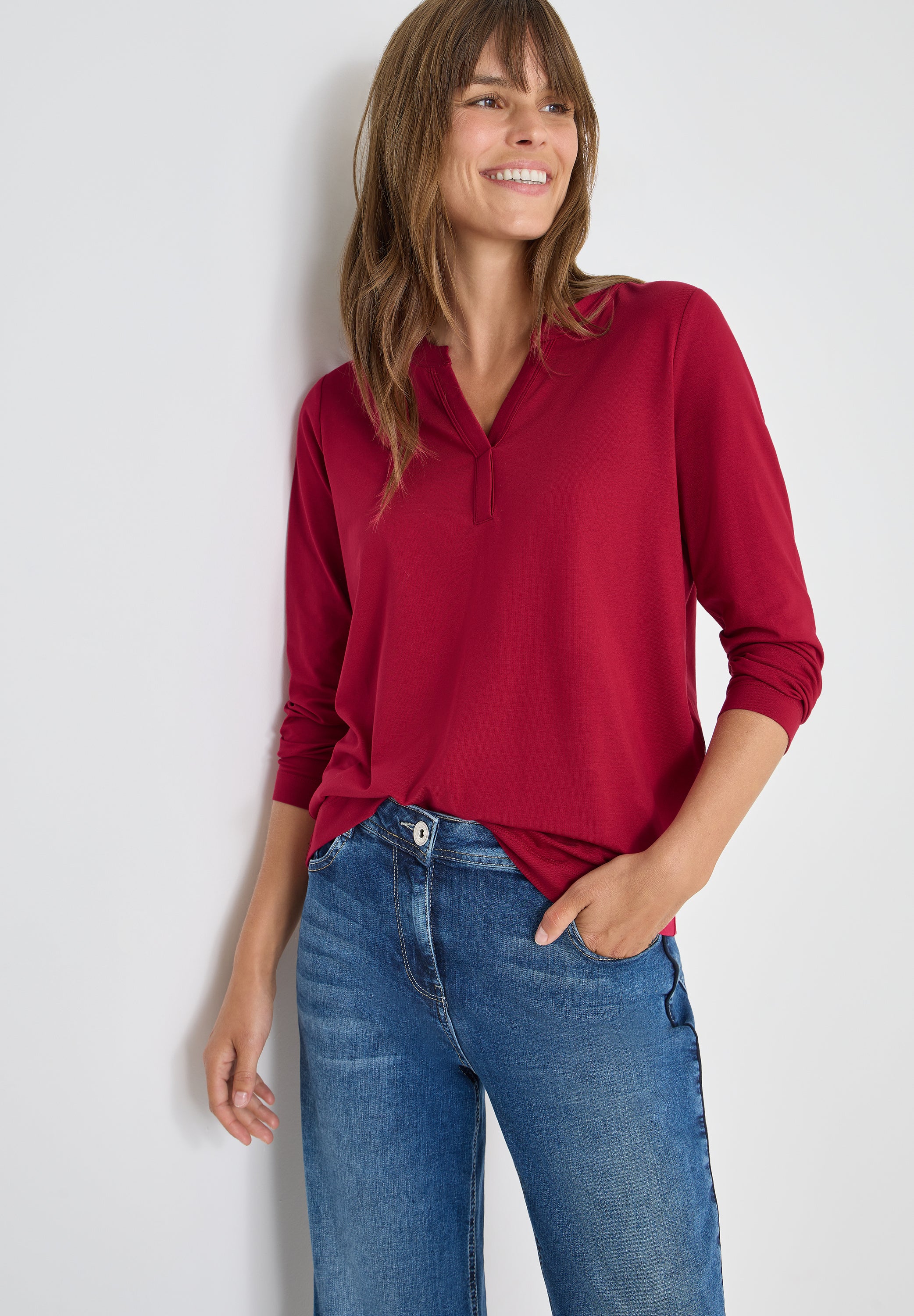 CECIL Damen Tunika-Shirt Split Neck Langarm Baumwoll-Modal