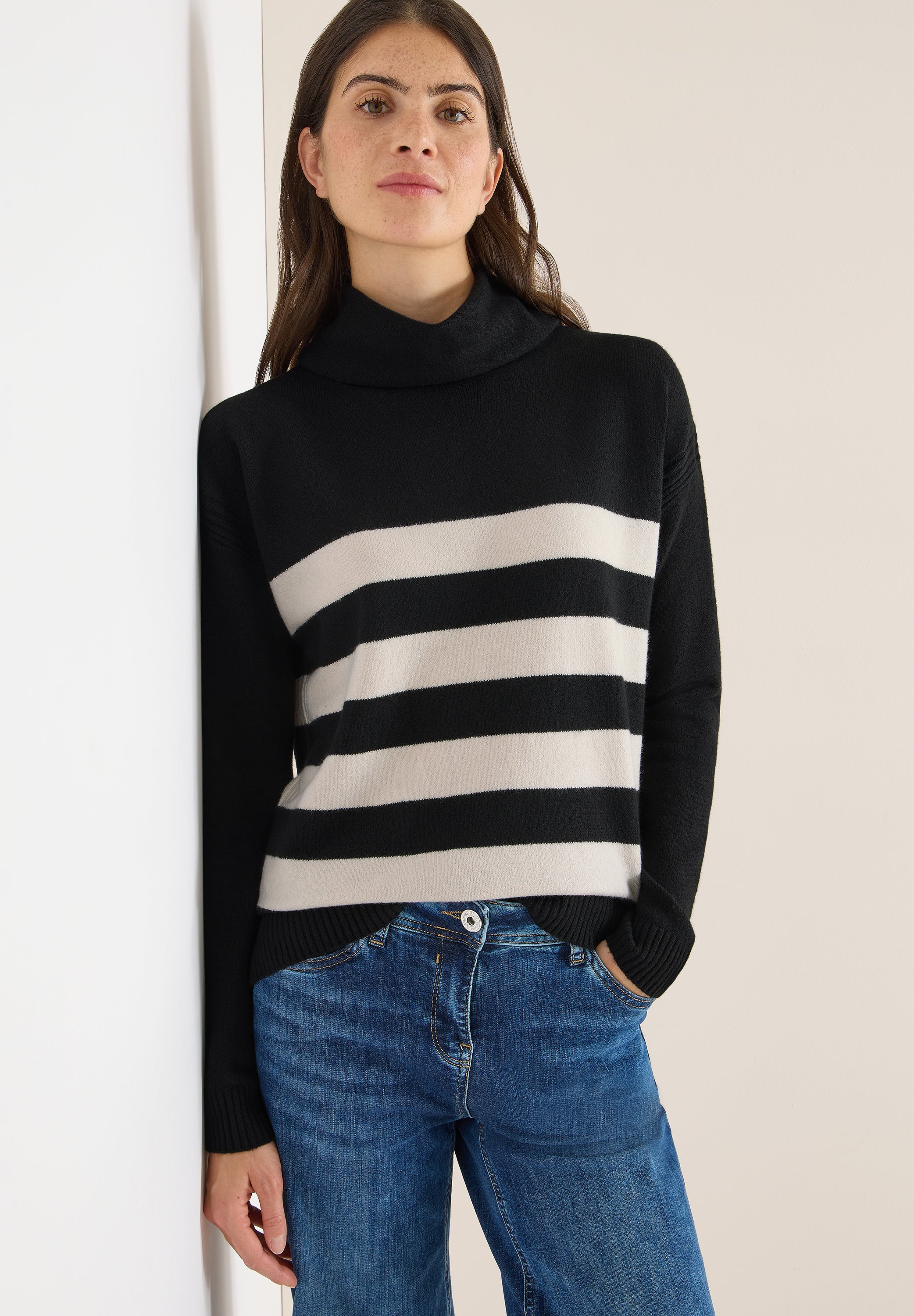 CECIL Damen Rollkragenpullover Streifenmuster Kuschelig Langarm